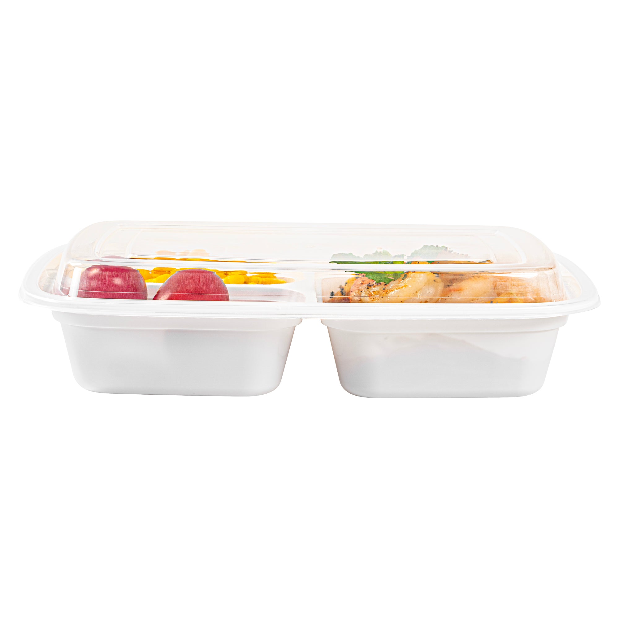 26 oz White Plastic 3 Compartment Food Storage Containers with Clear Lids - Microwave Safe, 8.75