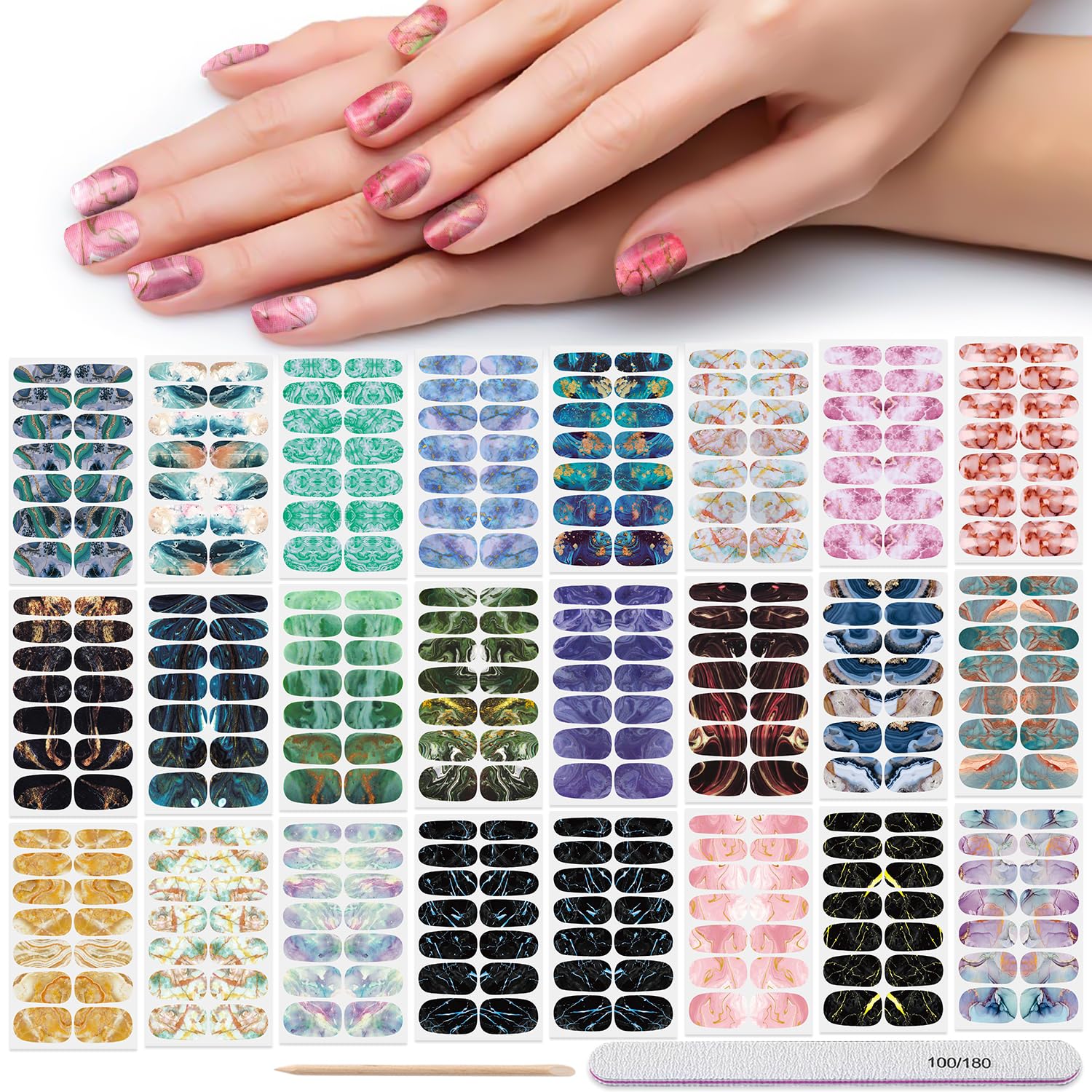 DANNEASY 24 Sheets Marble Print Nail Wraps - Self Adhesive Nail Polish Strips for Women & Girls | Includes Nail File & Cuticle Stick | Easy Home Manicure, Party Nail Art & Gift Idea | Perfect for Weddings, Holidays & DIY Beauty