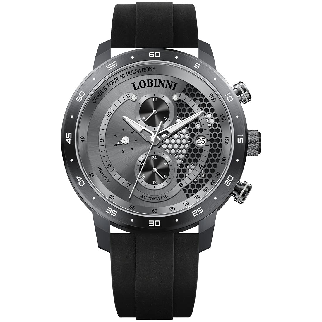 LOBINNI Men's Automatic Luxury Sports Watch - Sapphire Crystal, Honeycomb Dial, Rubber Strap with Month/Week/Date Display - Perfect for Business, Casual & Outdoor Activities