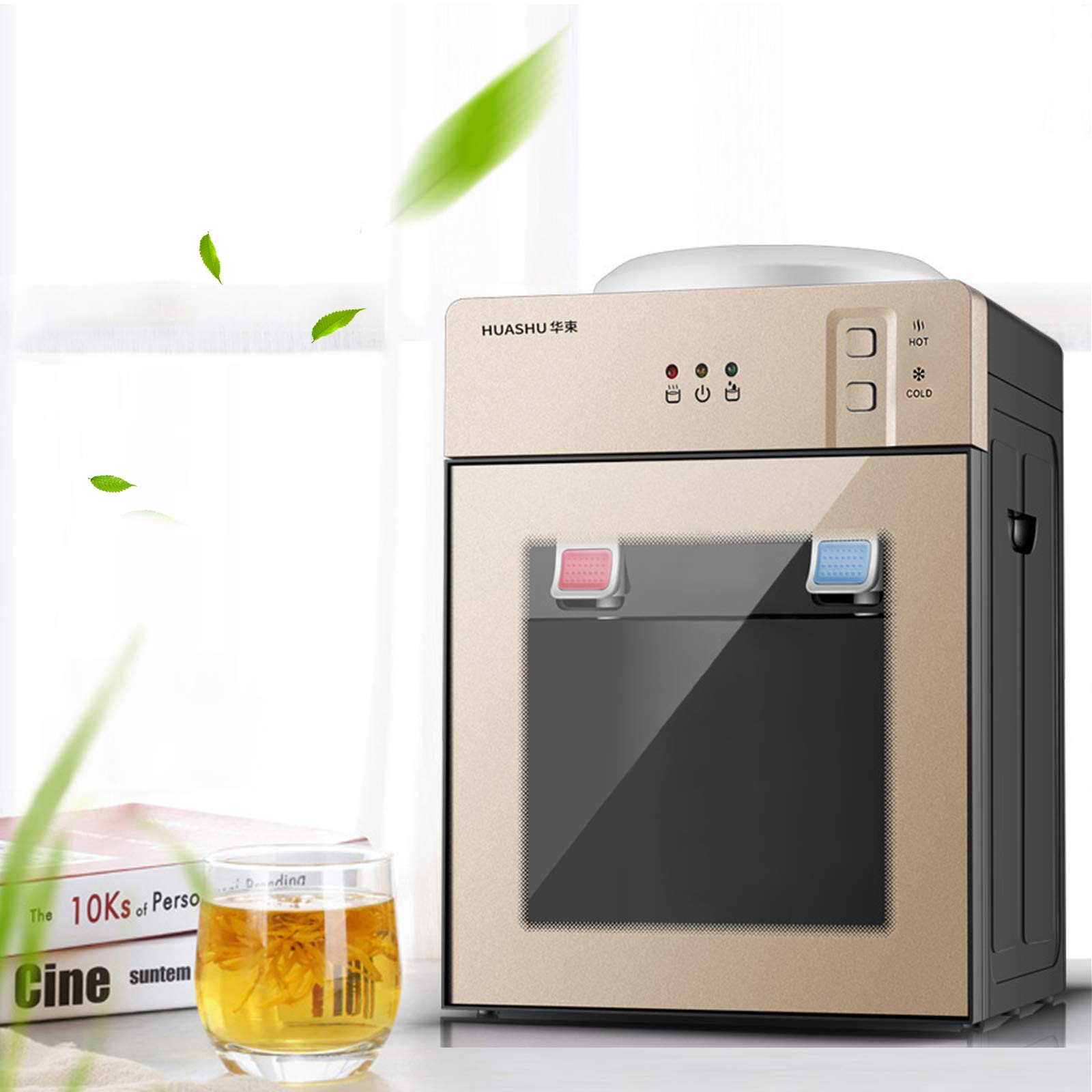 PIOJNYEN 5 Gallon Top Loading Countertop Water Cooler Dispenser - Hot & Cold Freestanding Electric Water Dispenser with Child Safety Lock, Holds 3-5 Gallon Bottles (Gold) - Perfect for Home, Office, Kitchen & Dorm Room Hydration