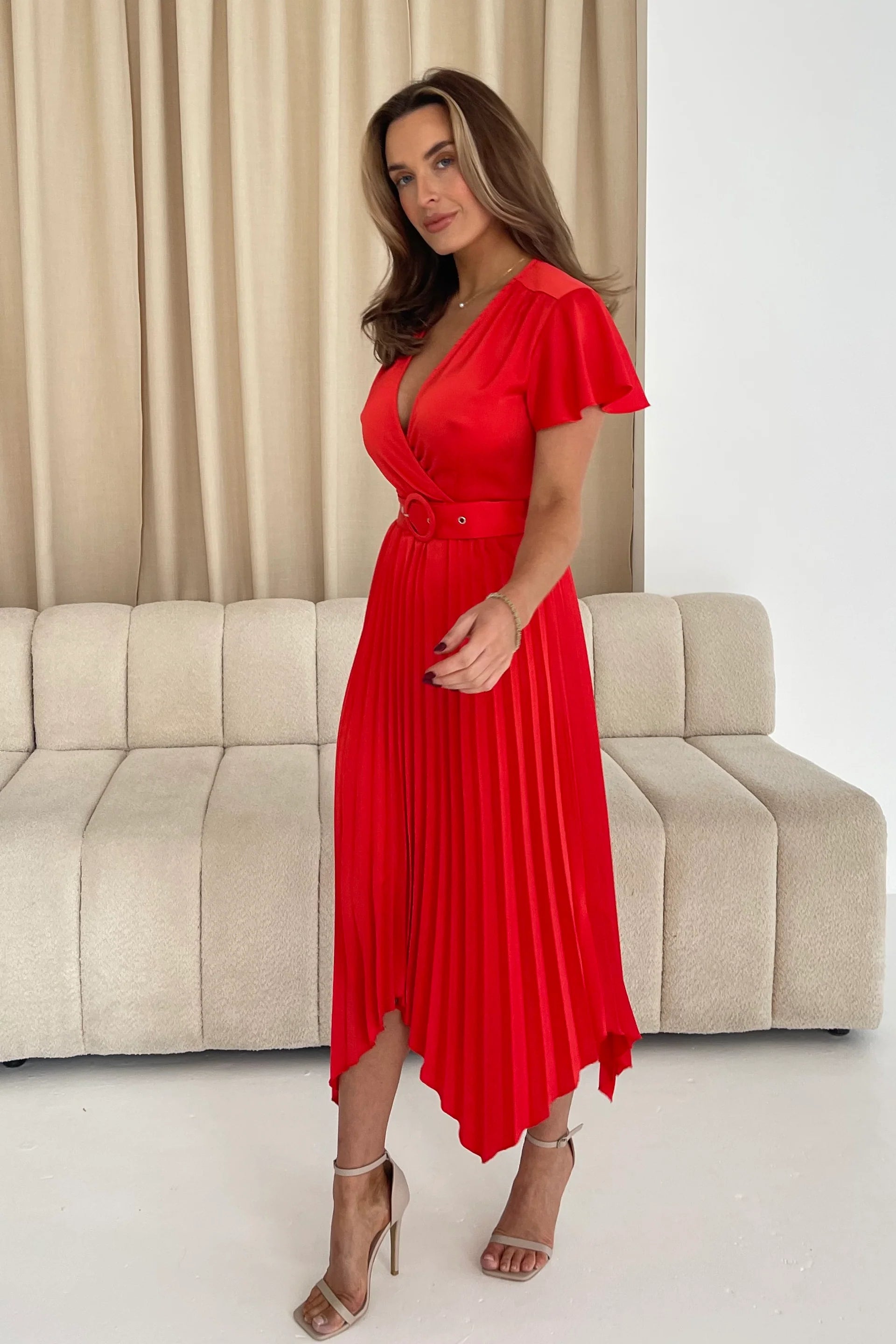 Brooklyn Asymmetric Pleated Midi Dress for Women - Flowy Red Party Dress with Side Slit, Perfect for Cocktail Parties, Date Nights & Special Occasions