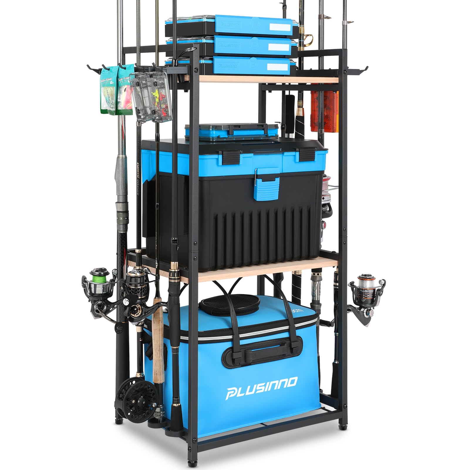 PLUSINNO 3-Tier Fishing Rod Holder - Garage & Boat Storage Rack for Up to 8 Rods - Durable Fishing Pole Organizer with Tackle Box Space - Perfect Fishing Gift for Men - Ideal for Home, Garage, and Marine Use