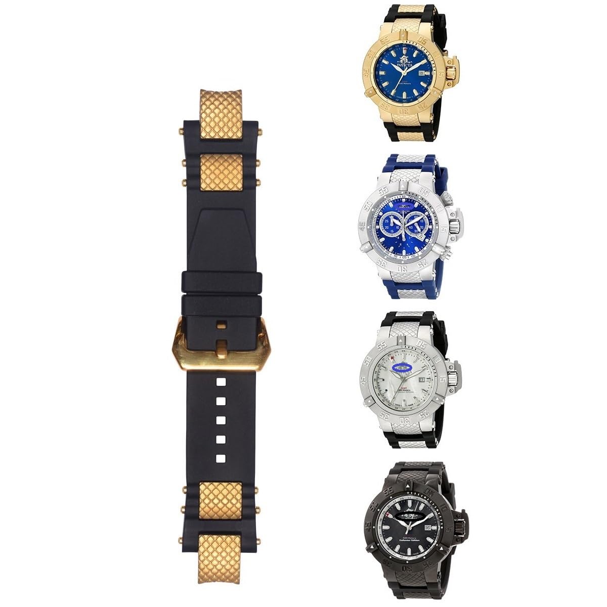 Invicta Subaqua Noma III Replacement Watch Band - Black Rubber Silicone Strap with Buckle & Gold Metal Inserts | Durable Waterproof Watch Accessory for Diving, Swimming & Outdoor Activities