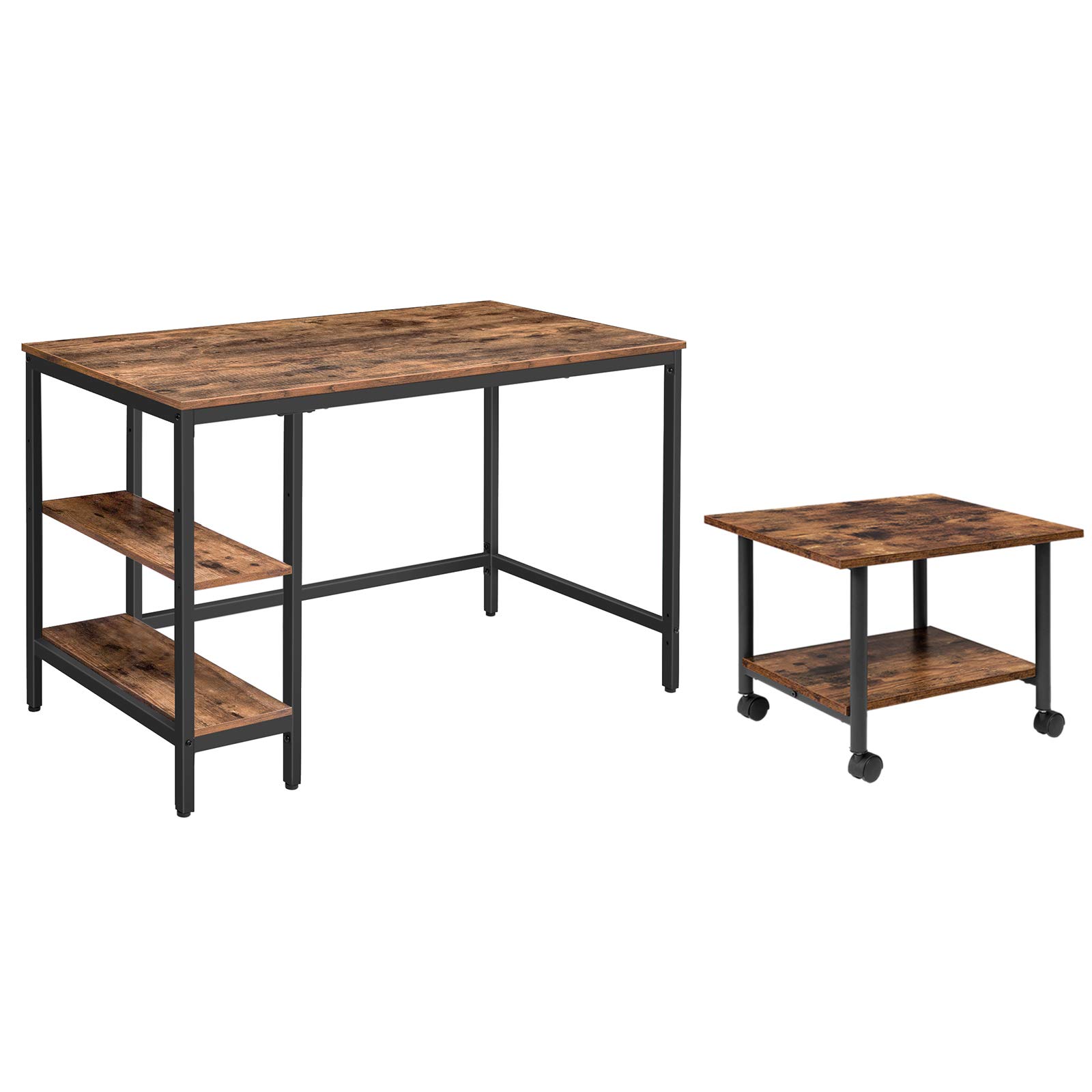 HOOBRO Industrial Office Study Desk with Adjustable Shelf & Mobile Printer Stand - Left/Right Side Shelf, Lockable Wheels, Easy Assembly - Perfect for Home Office, Small Workspace & Student Dorm Setup