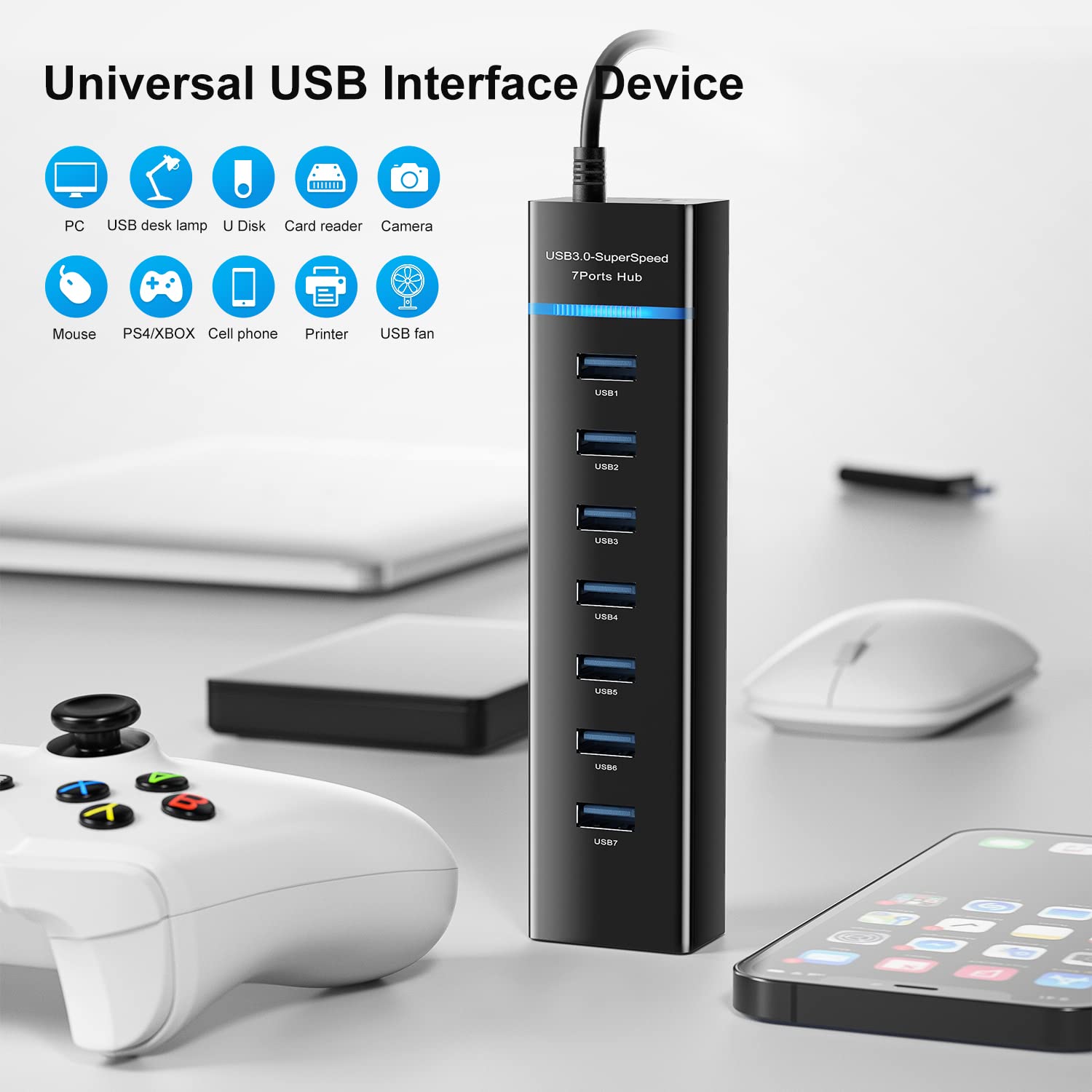 7-Port USB 3.0 Hub - 5Gbps High-Speed Splitter for MacBook, PC & Laptops - Works with Office & Gaming Setup
