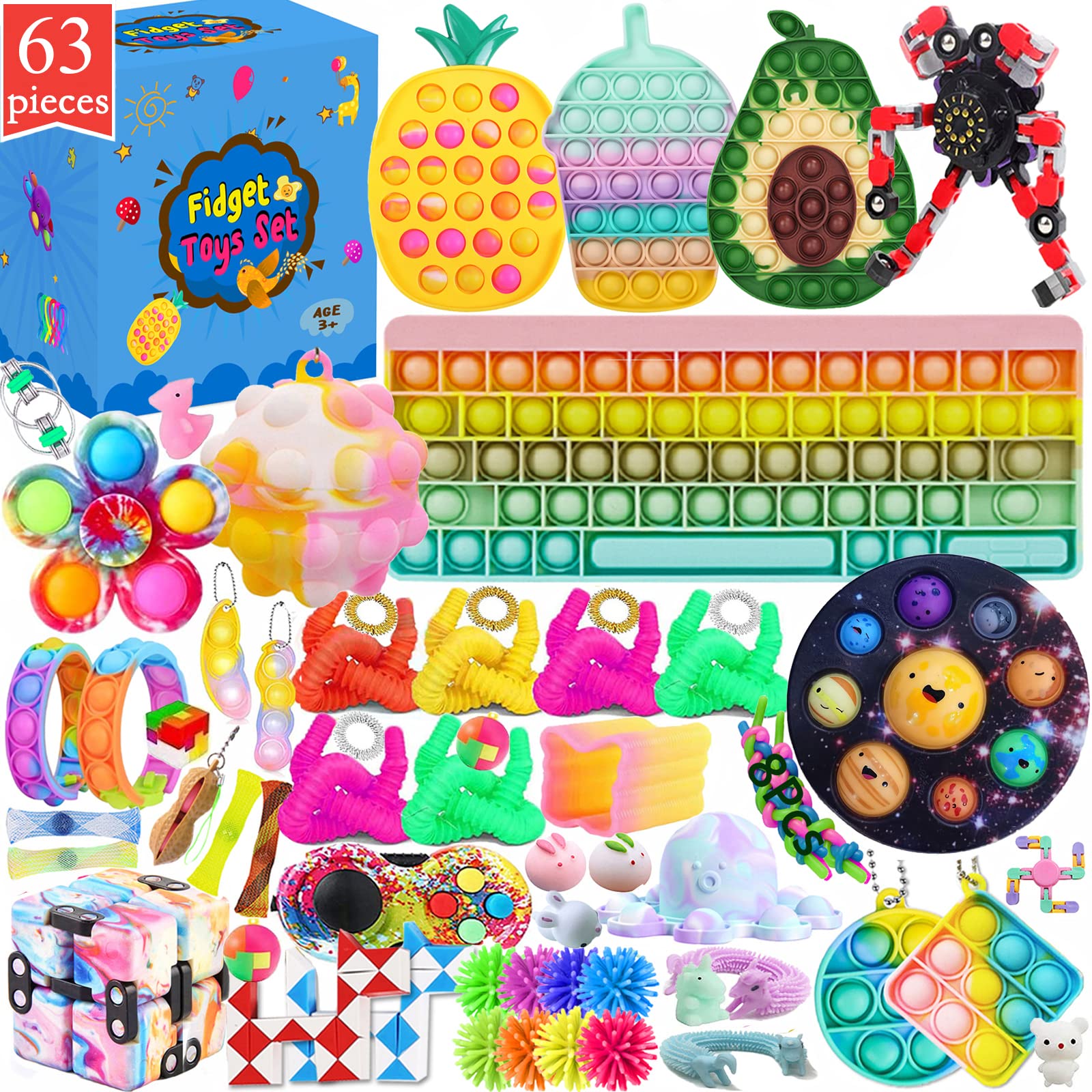 63Pcs Fidget Toys Pack - Sensory Stress Relief Toys for Kids & Adults with Big Keyboard Pop Anxiety Tube - Perfect for ADHD, Autism, Anxiety Relief & Office Focus (Fidget Pack-2)