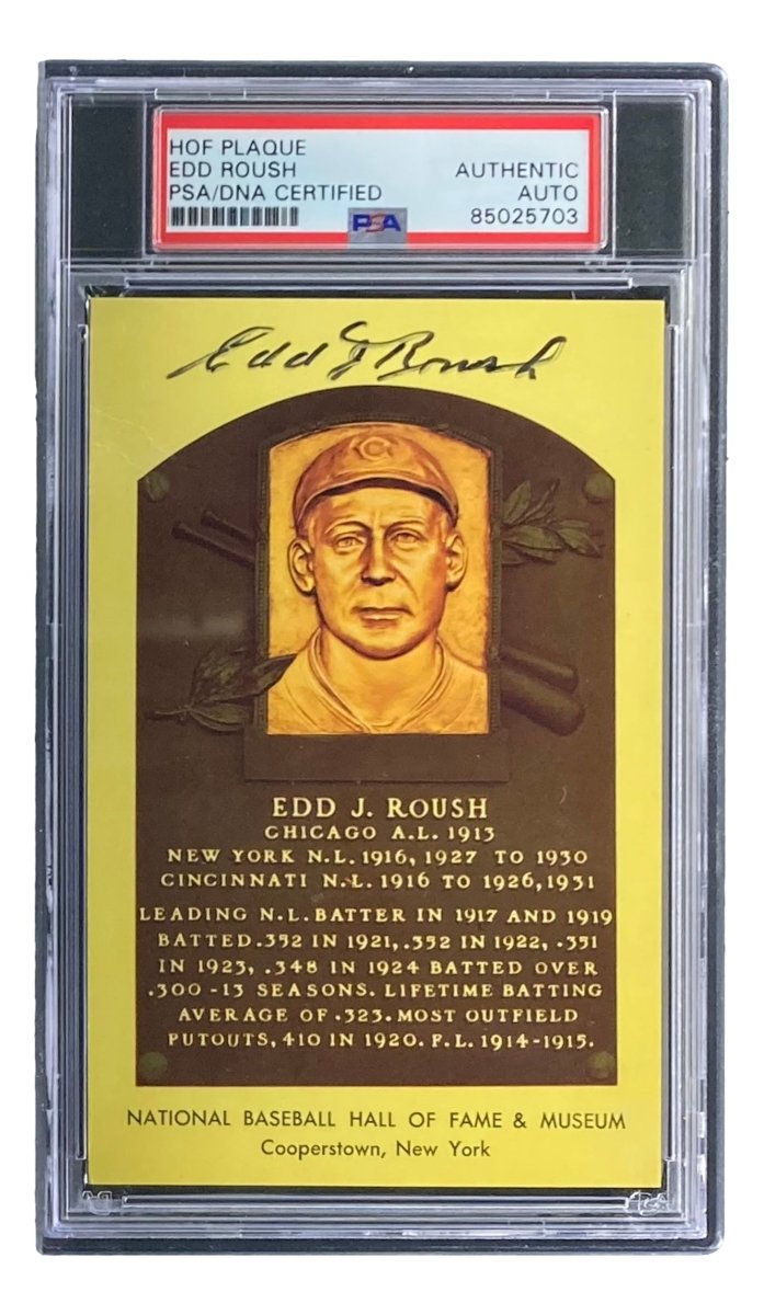 Edd Roush Autographed 4x6 Chicago White Sox Hall of Fame Plaque Card with PSA/DNA Certification #85025703 - Perfect for Baseball Memorabilia Collections and Sports Fan Gifts