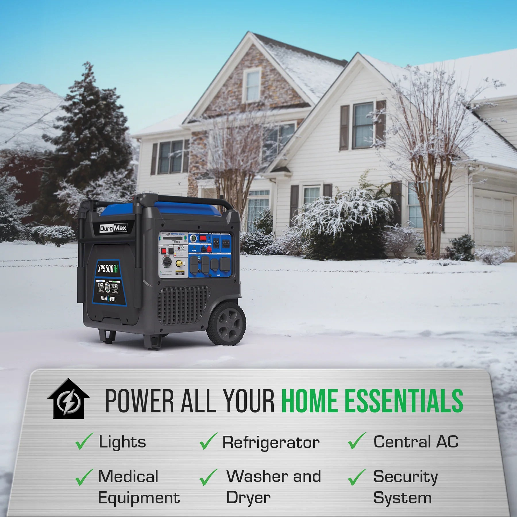 DuroMax XP9500iH 7600W/9500W Dual Fuel Portable Generator with Remote Start - Gas & Propane Powered Inverter Generator with CO Alert - Perfect for Home Backup Power, Camping & Outdoor Activities