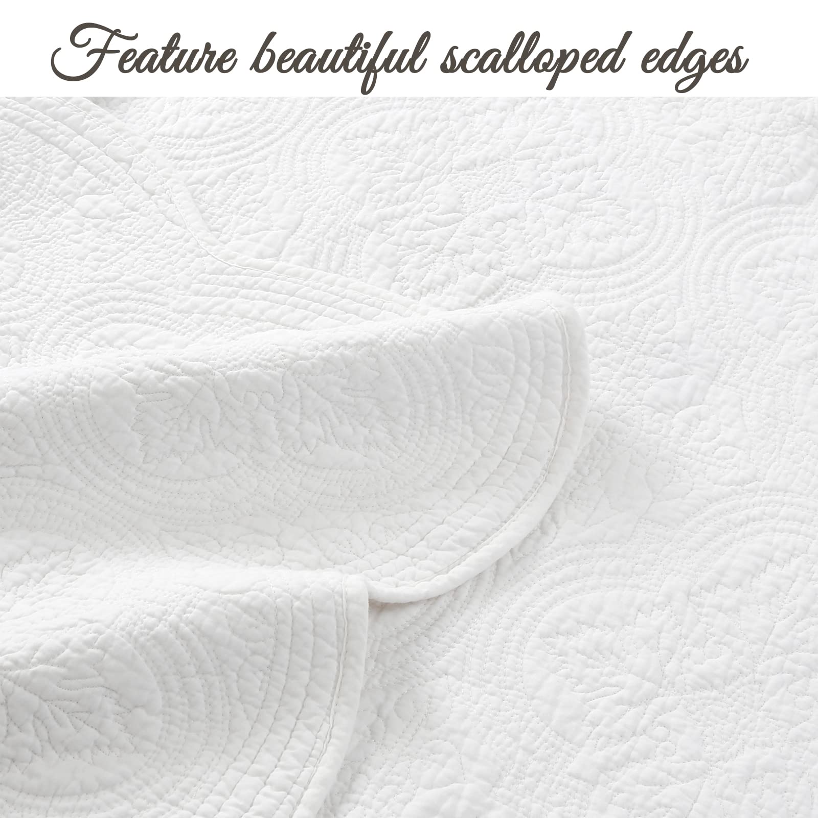 Pure Cotton Quilt Set Queen Size 3-Piece - Cozy Line Home Fashions Soft Breathable Bedding (Blantyre White) for Bedroom, Guest Room & Dorm Comfort