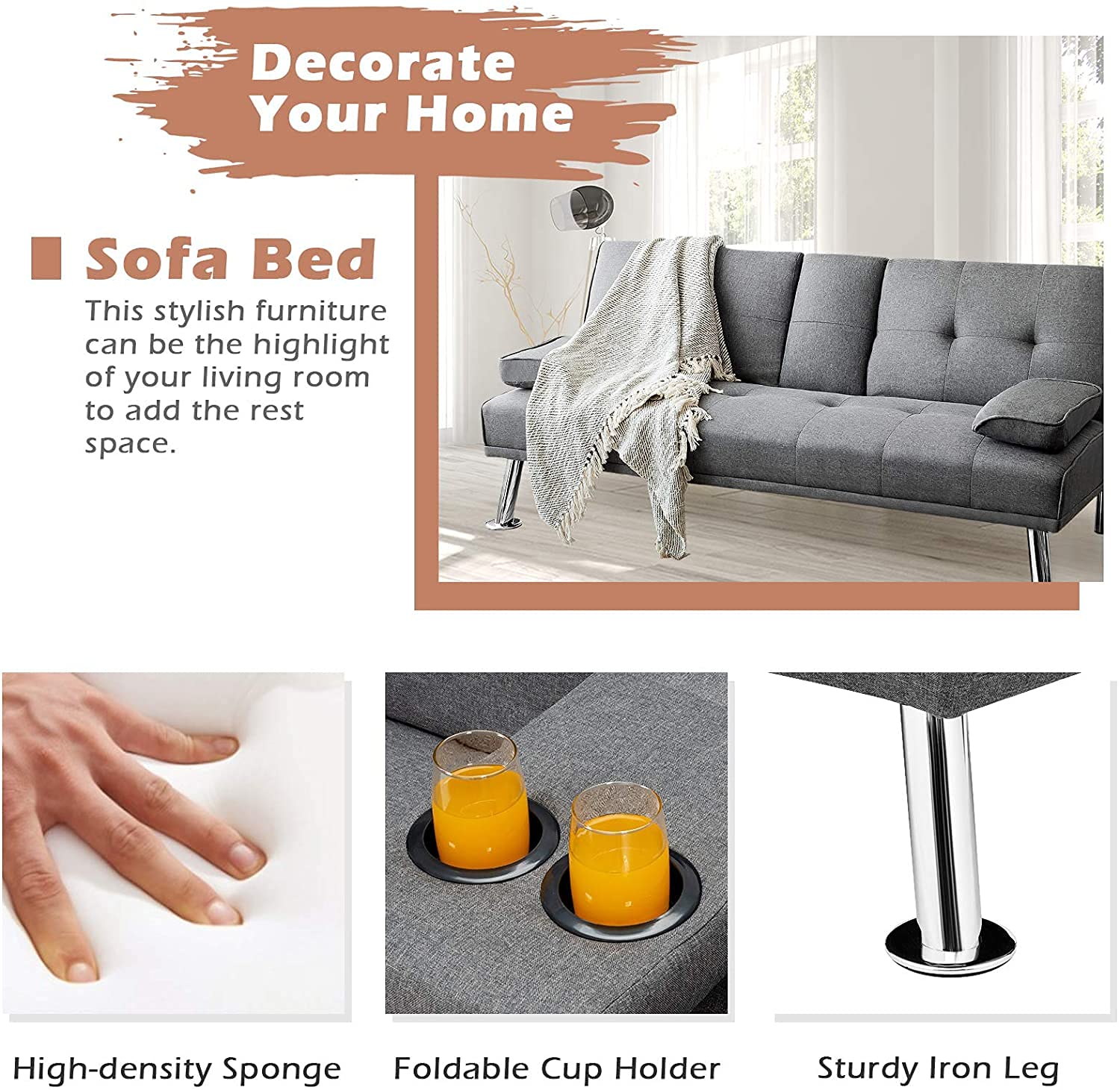 Moccha Folding Futon Sofa Bed - Full Size Convertible Couch with Metal Legs & Linen Upholstery | Space Saving Sleeper Sofa for Small Apartments, Dorms, Guest Rooms & Home Offices (Grey)