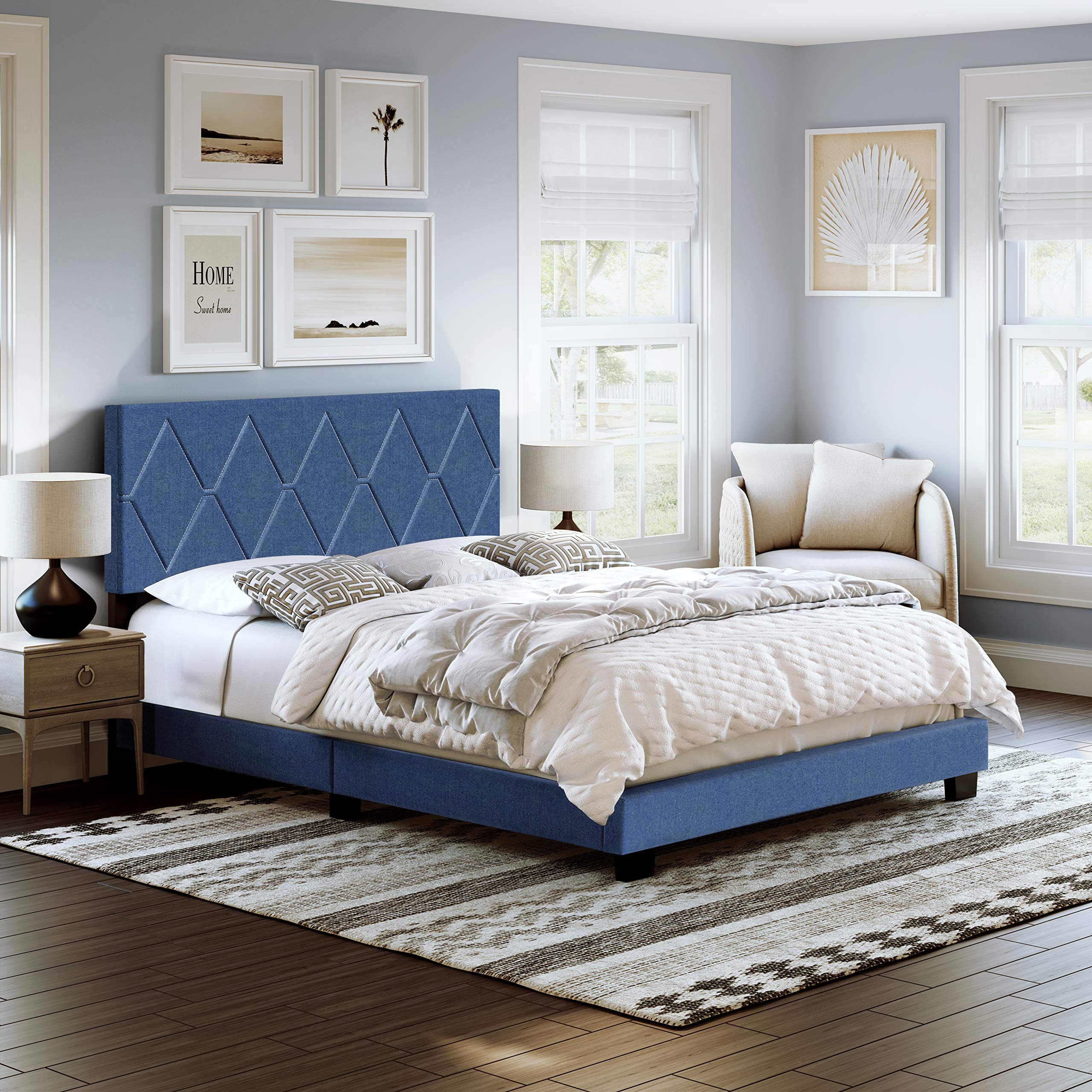 Boyd Sleep Diamond Upholstered Queen Platform Bed with Headboard - Sturdy 4-Wood Slat Support & Mattress Foundation (Box Spring Required) - Elegant Blue Bedroom Furniture for Modern Homes
