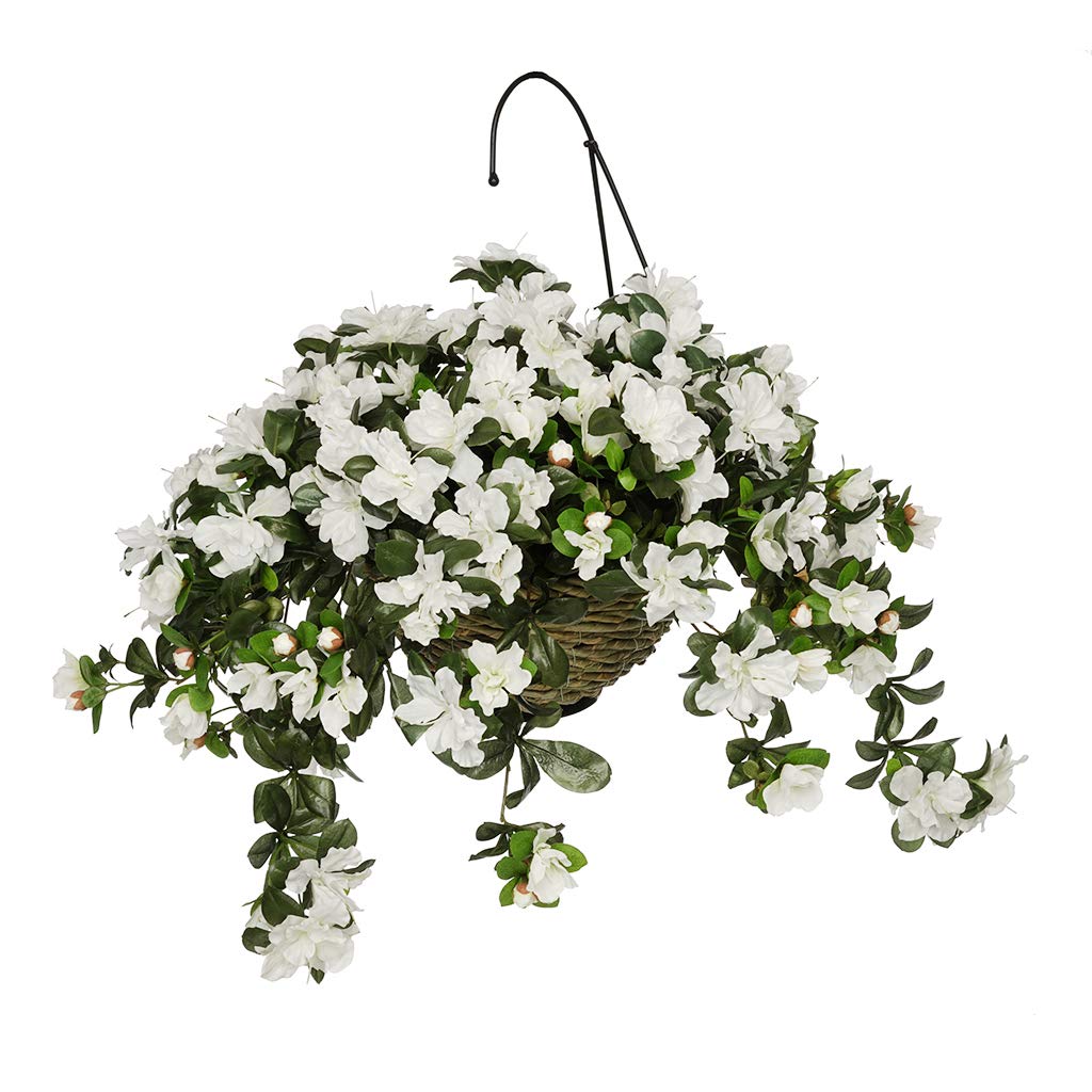 House of Silk Flowers Artificial White Azalea in Water Hyacinth Hanging Basket - Elegant White Water Hyacinth for Indoor & Outdoor Décor