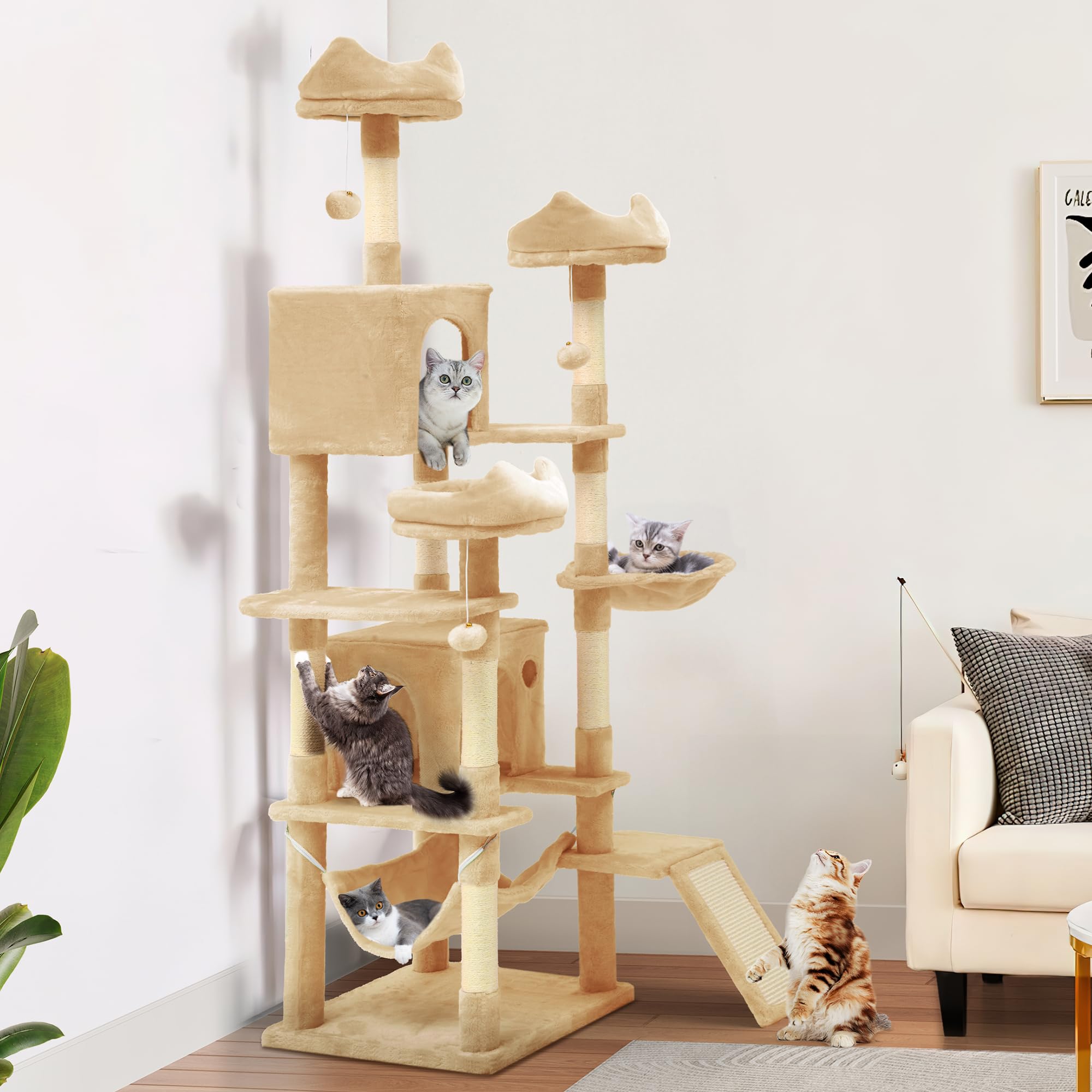 YITAHOME 75-Inch Tall Cat Tree for Large Indoor Cats up to 20 lbs - Heavy Duty Cat Tower with Condo, Perches, Hammocks & Sisal Scratching Posts - Multi-Level Kitten Activity Center for Play, Rest & Scratching - Beige Home Furniture for Cats