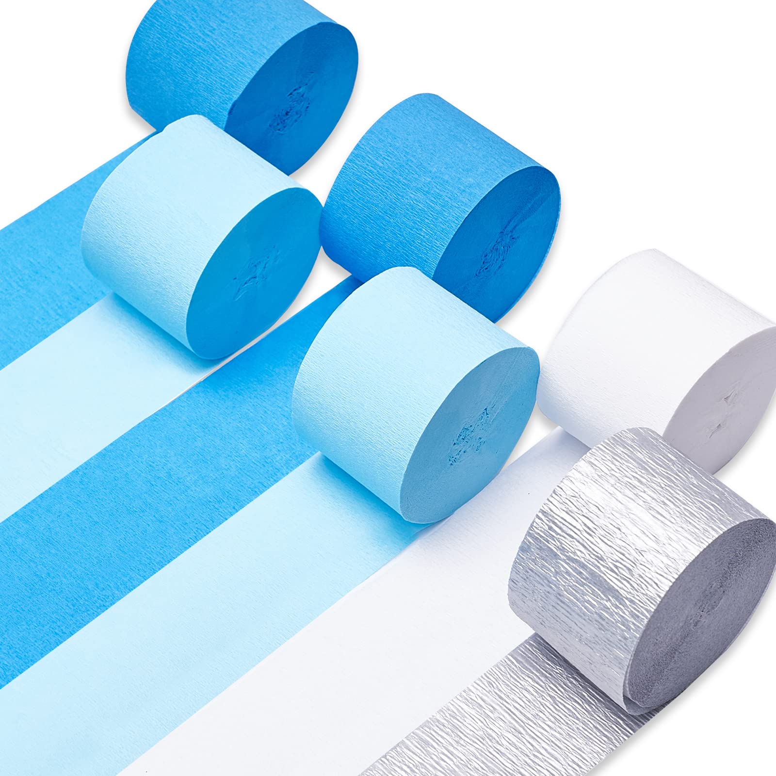 PartyWoo Crepe Paper Streamers 6 Rolls 492ft - White, Silver, Royal Blue, Light Blue - Perfect for Birthday Party Decorations, Wedding Backdrops, Baby Showers & DIY Craft Projects (1.8 Inch x 82 Ft/Roll)