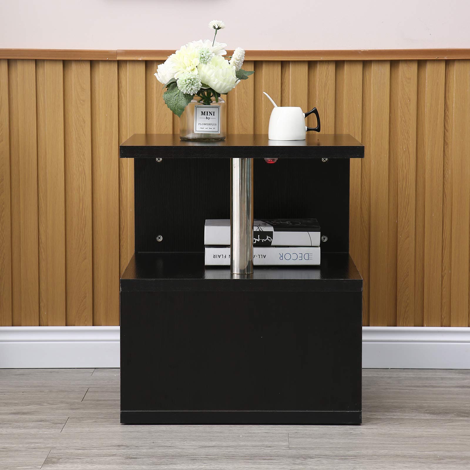 Modern LED Coffee Table & Nightstand - High Gloss White End Table with S-Shaped Design & Open Shelves - MDF Bedside Cabinet for Living Room, Bedroom - Perfect for Small Spaces, Studio Apartments & Modern Home Decor