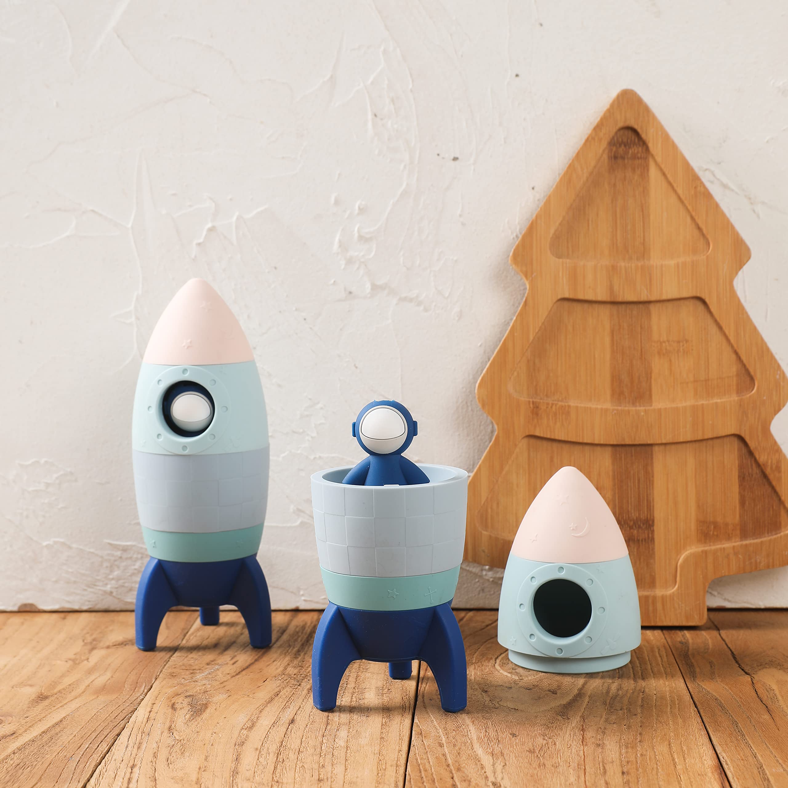 **Stackable Silicone Rocket Toy for Babies - Early Learning & Teething Space Rocket Stacking Tower - Educational Nesting Toy for Infants (Blue) - Perfect for Playtime & Sensory Development**