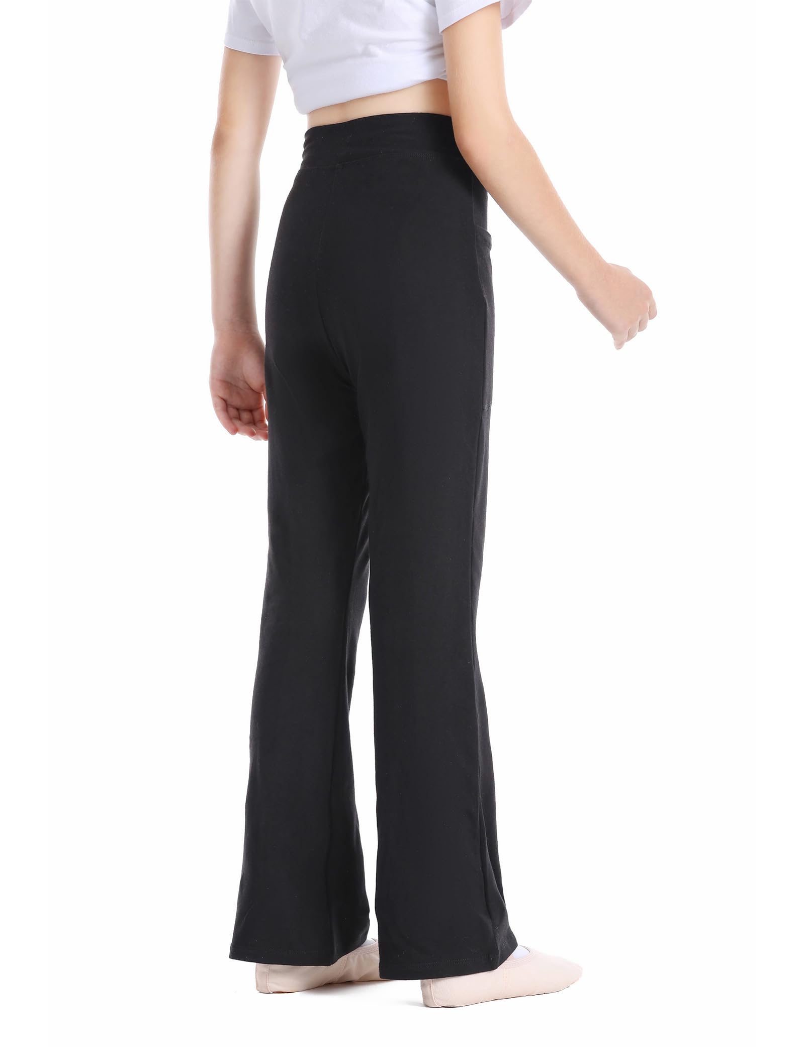 Phoeswan High Waisted Flare Leggings for Girls - Cotton Black Bell Bottom Pants | Full Length Jazz Dance Yoga Pants for Teens & Kids | Perfect for Dance Class, Yoga Practice & Casual Wear