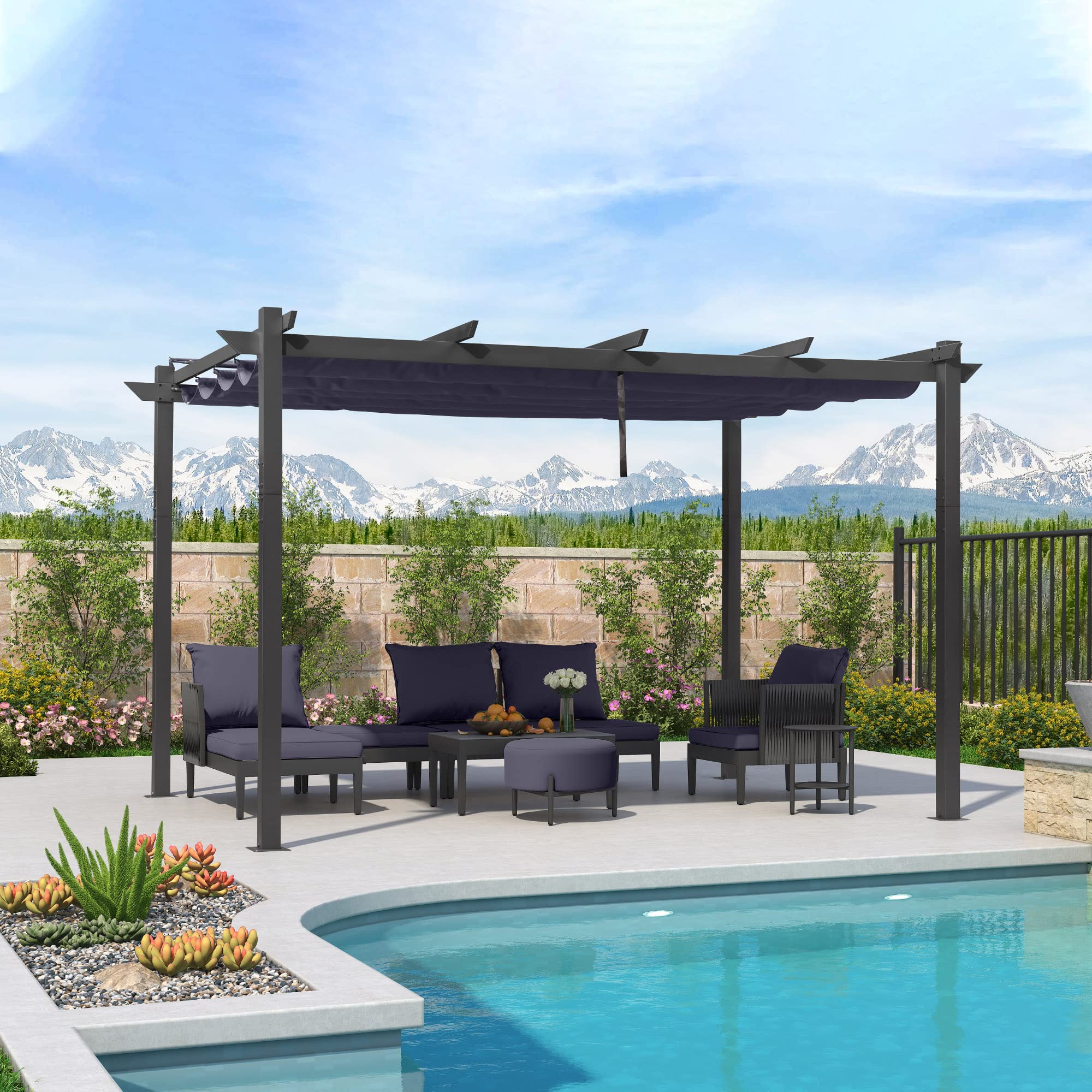 PURPLE LEAF 10' x 13' Aluminum Pergola with Retractable Double Sun Shade Canopy - Modern Outdoor Grape Trellis for Deck, Backyard, Garden (Navy Blue) | Perfect for Patio Shade, Outdoor Dining & Relaxation