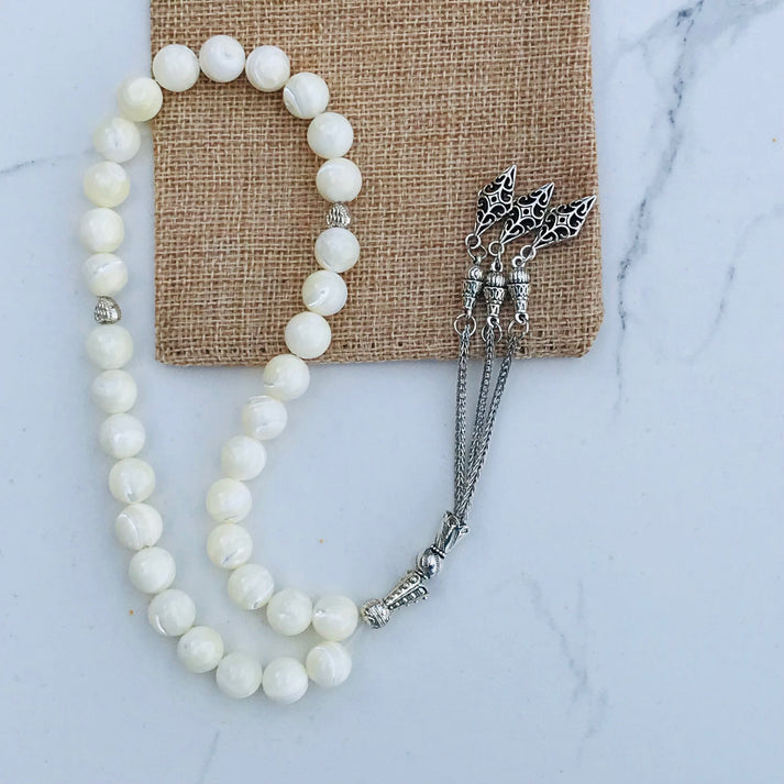 Natural Mother of Pearls Tasbih Prayer Beads (Sadaf Stones) 10mm - 33 Counts | Islamic Dhikr, Meditation & Spiritual Healing | Perfect for Daily Worship, Stress Relief & Mindful Practices