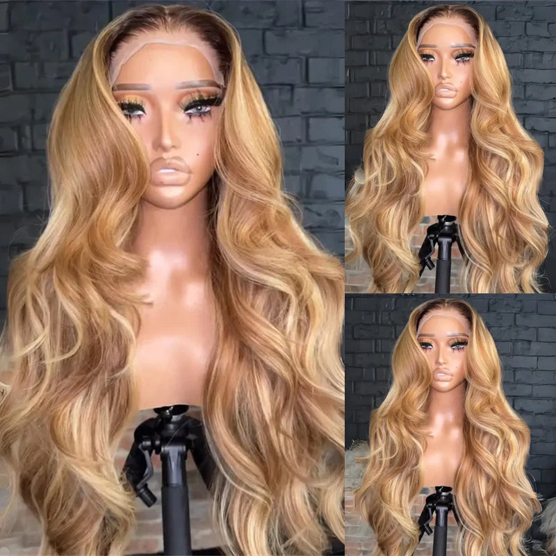 Honey Blonde Highlight Body Wave Curtain Bangs