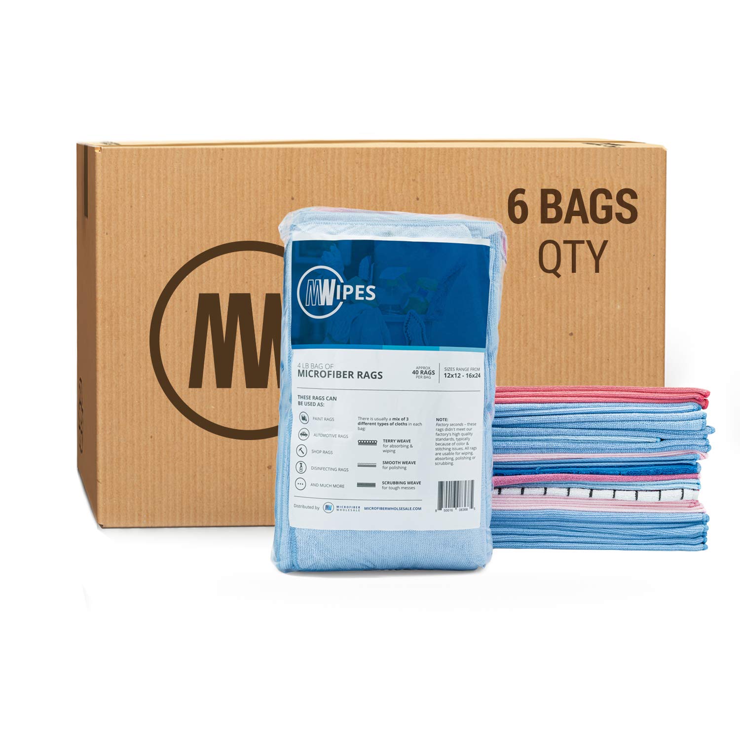 Mwipes™ Heavy-Duty Microfiber Cleaning Cloths - 6 Bags (240 Rags Total, 24 lbs) for Commercial & Industrial Use - Perfect for Auto Shops, Restaurants, and Janitorial Services