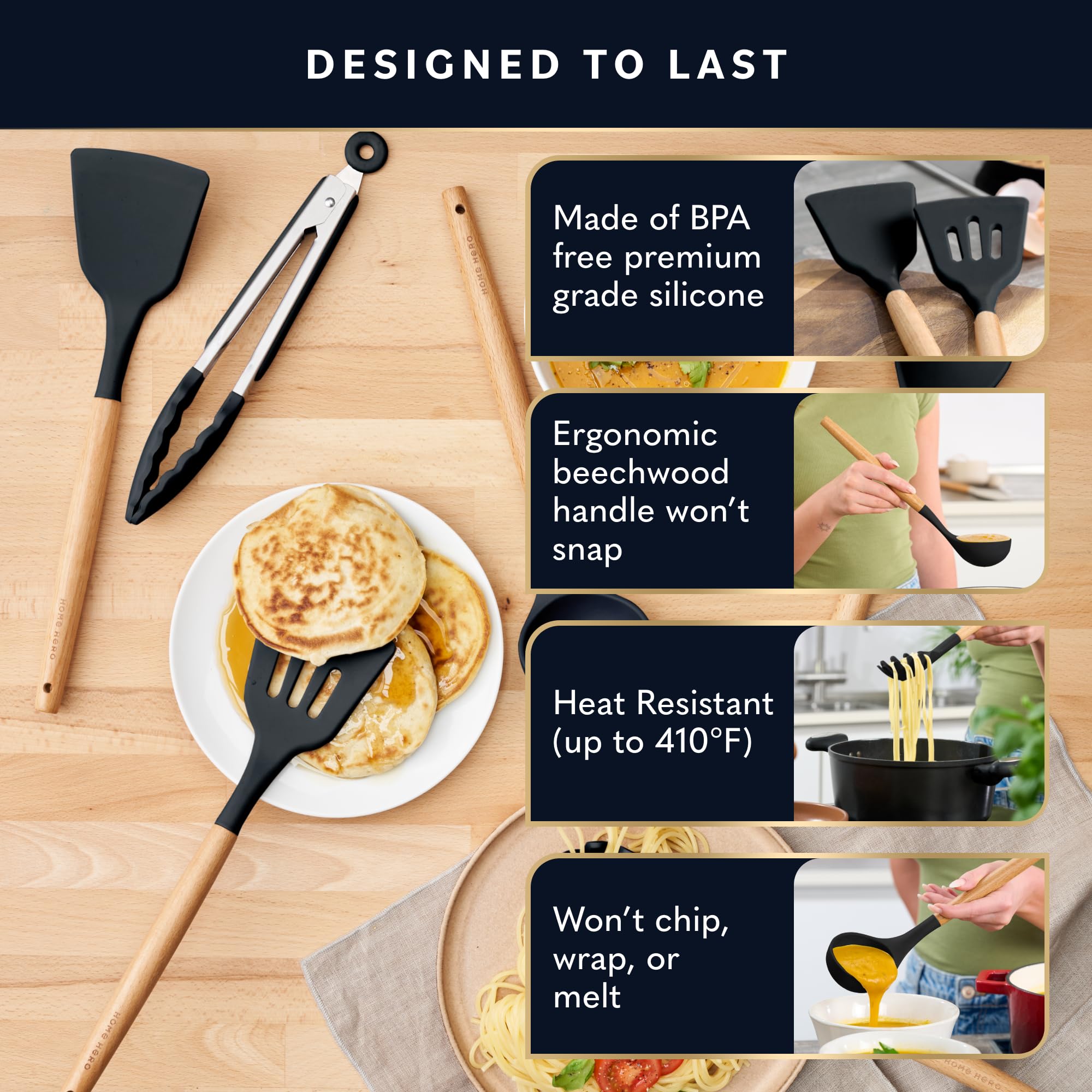 Premium Silicone Kitchen Utensils Set - 33 Pcs Non-Stick Cooking Tools with Wooden Handle Spatula, Turner & Essential Gadgets for Baking, Frying & Everyday Cooking (Black) - Ideal for Home Chefs & Professional Kitchens