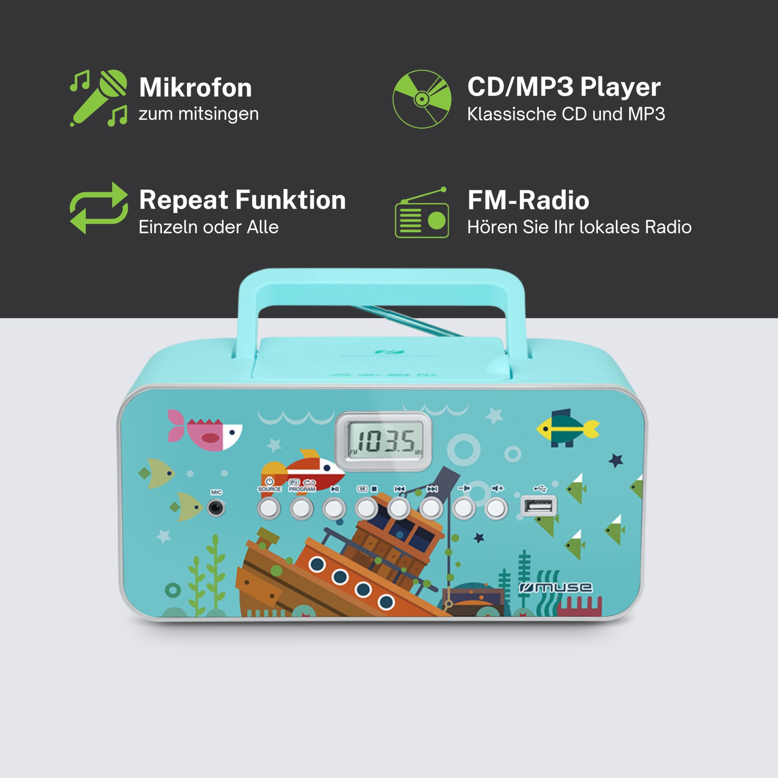 Muse M-29 Portable CD/MP3 Player with FM Radio - Multi-Colored Retro Boombox for Home, Office & Outdoor Use