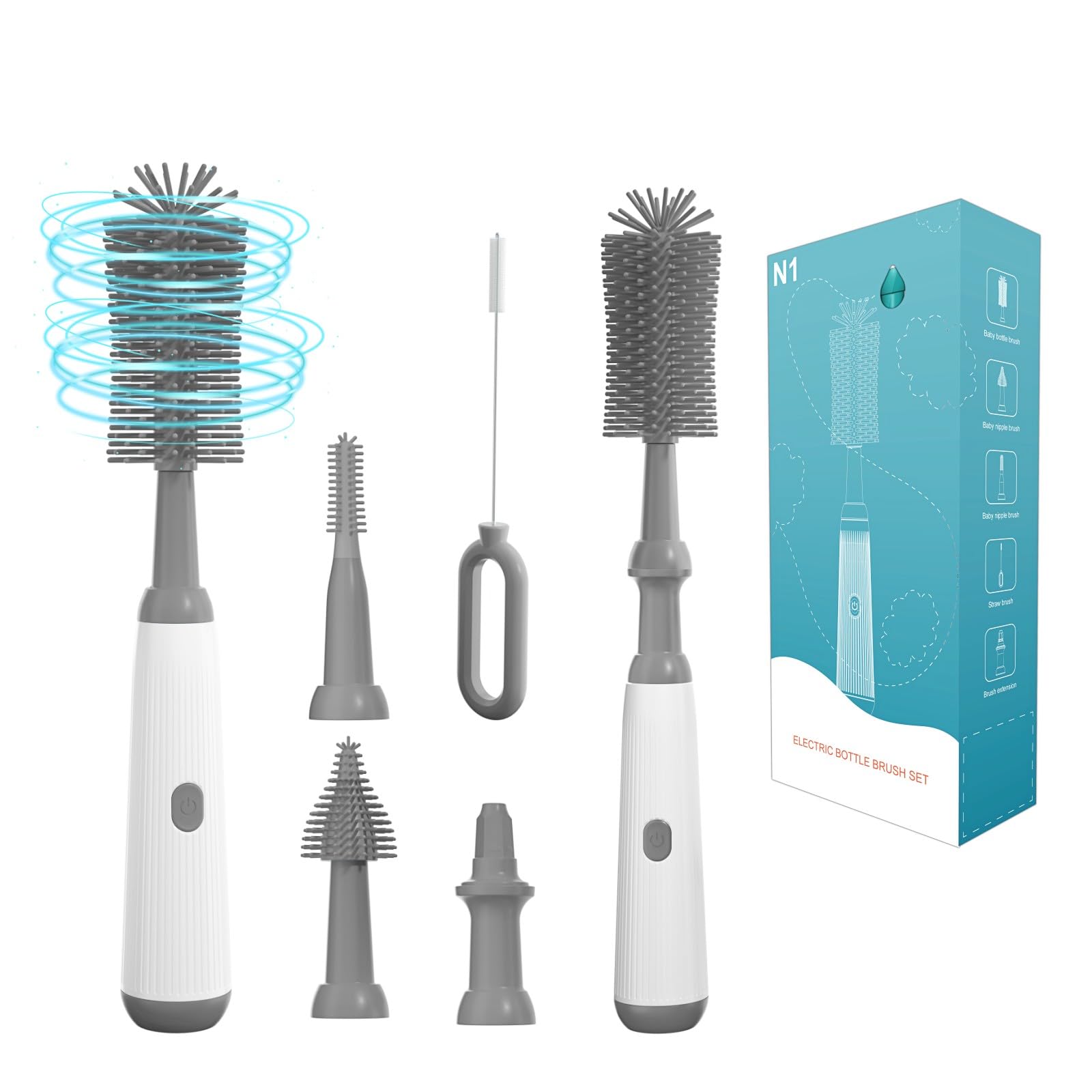 Electric Bottle Brush Set - 3 Replaceable Silicone Baby Bottle Brushes with Extension Handle | Waterproof & Durable | Perfect for Baby Bottles, Sippy Cups & Water Bottles | Essential Cleaning Tool for Nurseries & Kitchens (Grey)