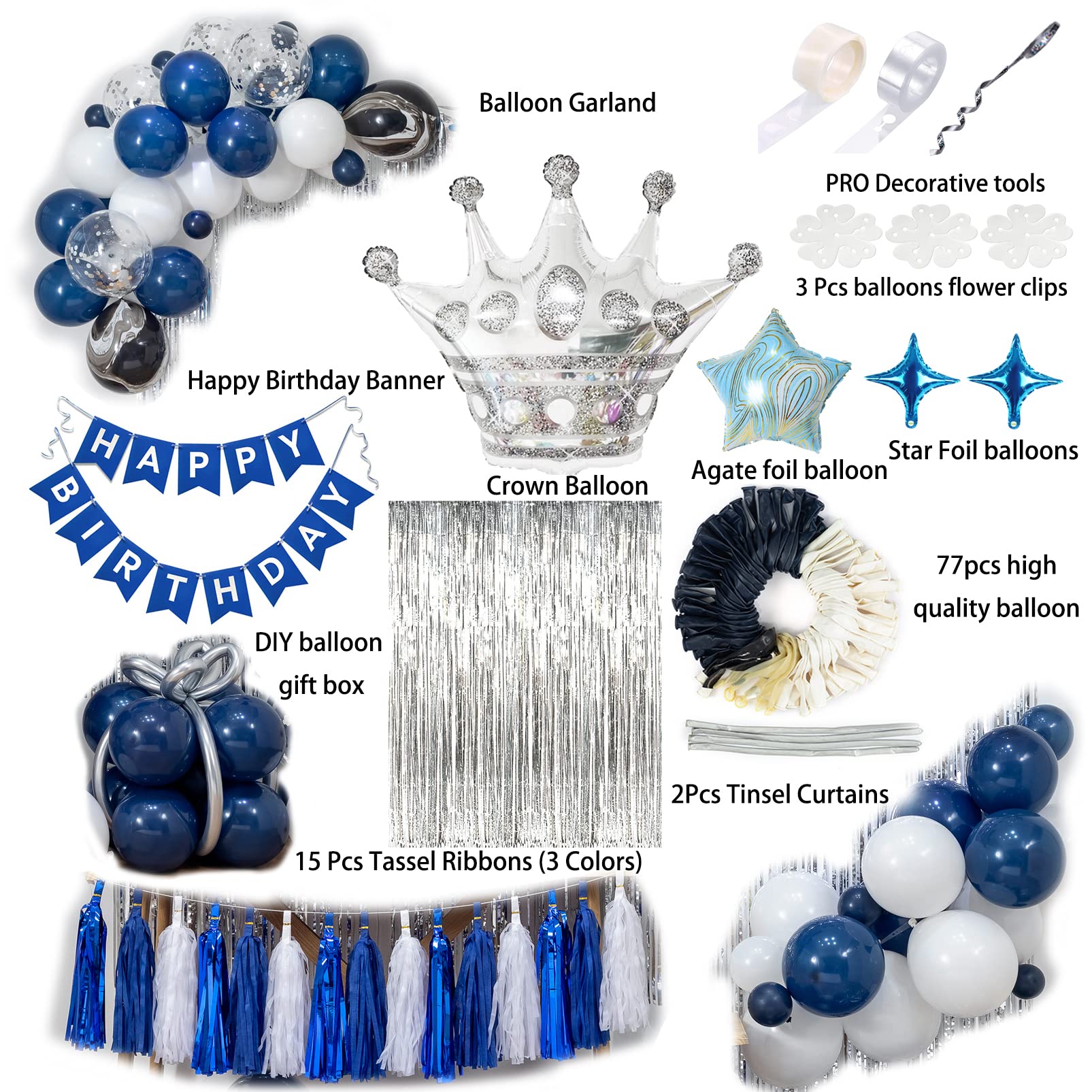Navy Blue Birthday Party Decorations Set - Balloon Garland, Banner, Silver Crown Balloons, Curtains & Confetti | 4 Sizes | Perfect for Men & Women's Birthday Celebrations, Baby Showers & Anniversary Parties