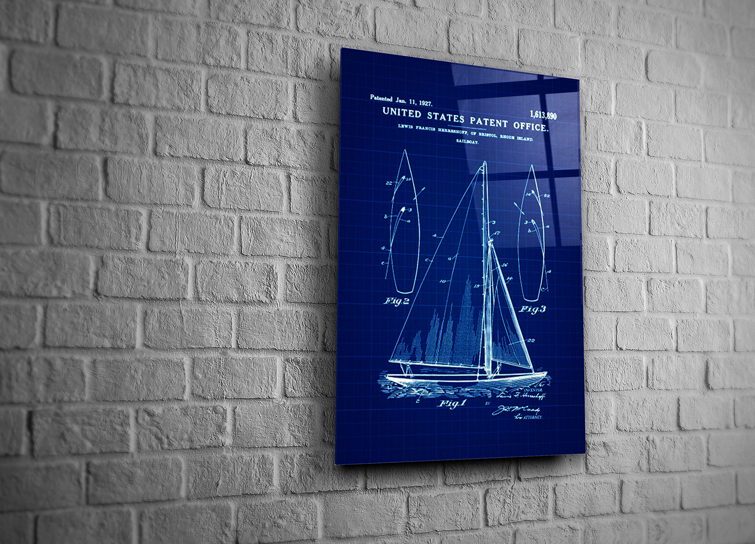 Sailboat Blueprint Glass Wall Art - Nautical Home Decor Gift for Living Room, Office & Boat Enthusiasts