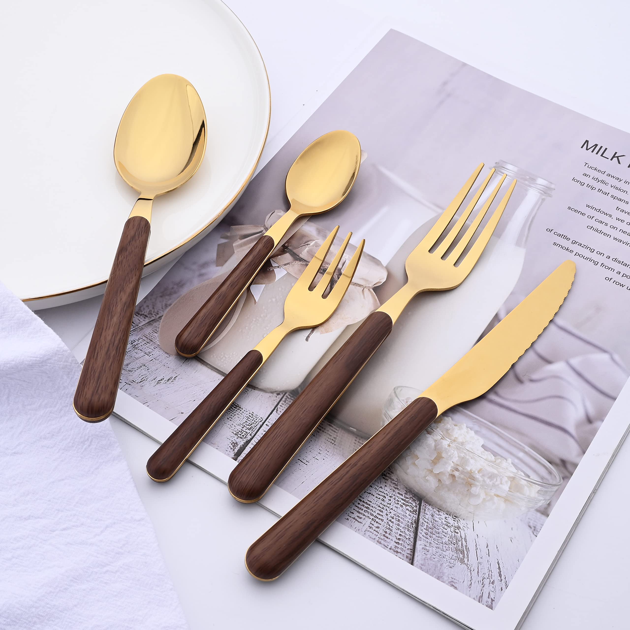 5-Piece Stainless Steel Silverware Set with Faux Wooden Handle - Retro Style Flatware Cutlery Set for Home & Restaurant - Mirror Polished Brown Gold Utensils - Perfect for Dinner Parties, Wedding Gifts & Fine Dining