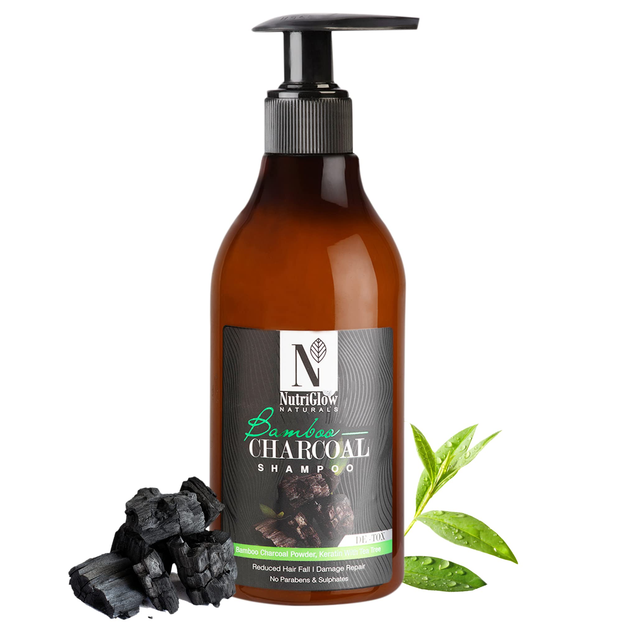 NutriGlow NATURAL'S Bamboo Charcoal Shampoo for Smoothing & Repairing Dull, Brittle Hair | Stimulates Hair Growth for Voluminous, Shiny & Manageable Hair | Paraben & Sulfate Free (300ml) | Perfect for Daily Hair Care & Scalp Detox