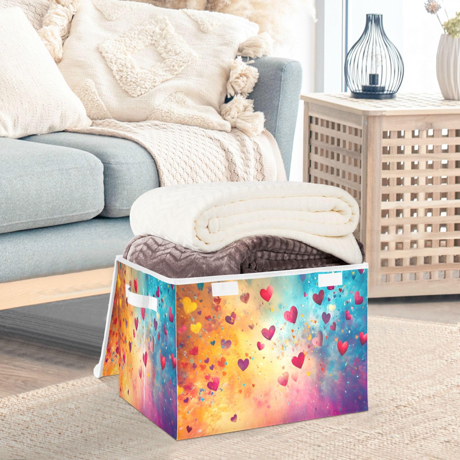 Valentine's Day Collapsible Storage Baskets with Lids - Heart Pattern Foldable Organizer Bin for Clothes, Toys & Home Decor | Perfect for Bedroom, Closet & Gift Organization