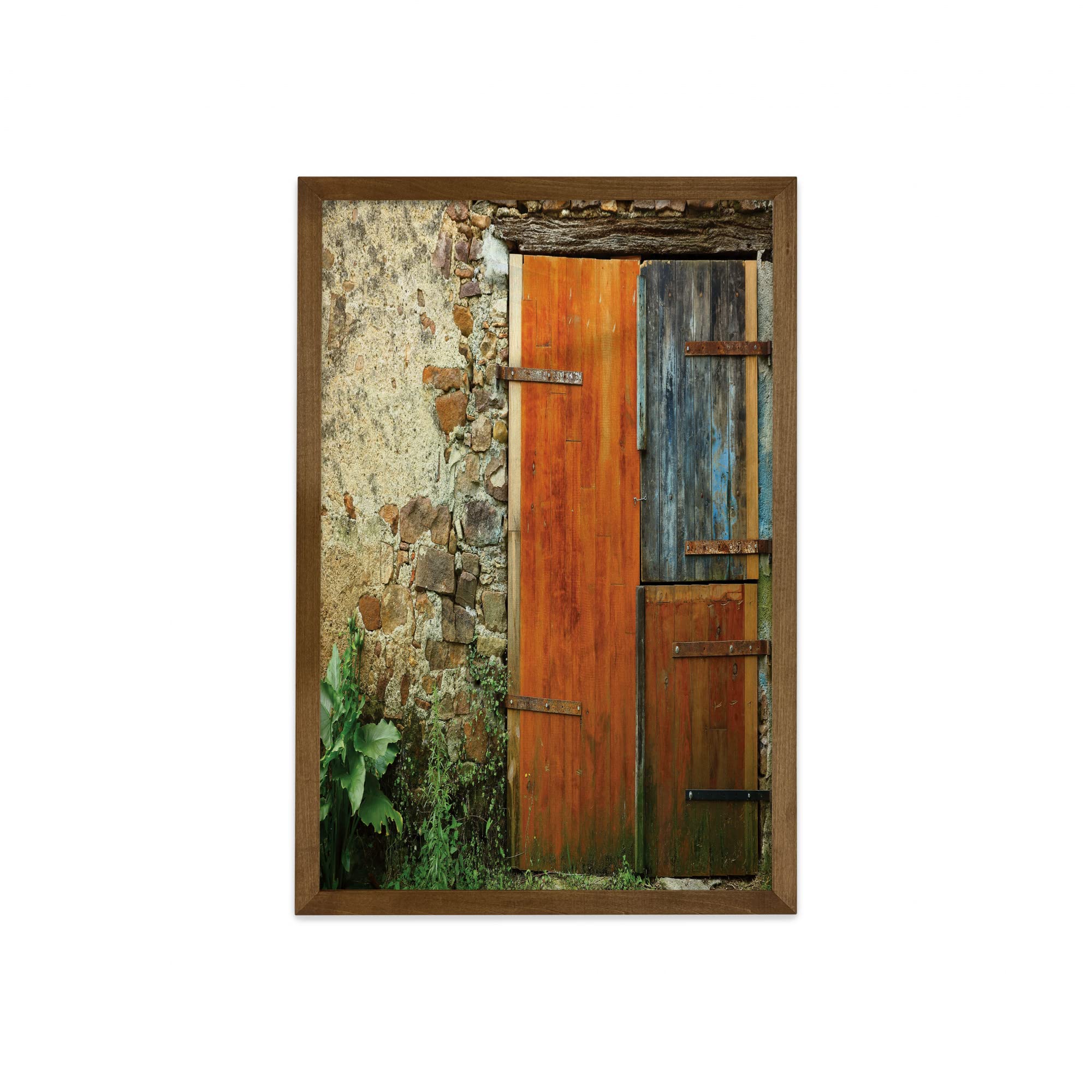 Ambesonne Vintage French Country Farmhouse Wall Art - Framed Shutters Print with Teak Wood Frame, 23