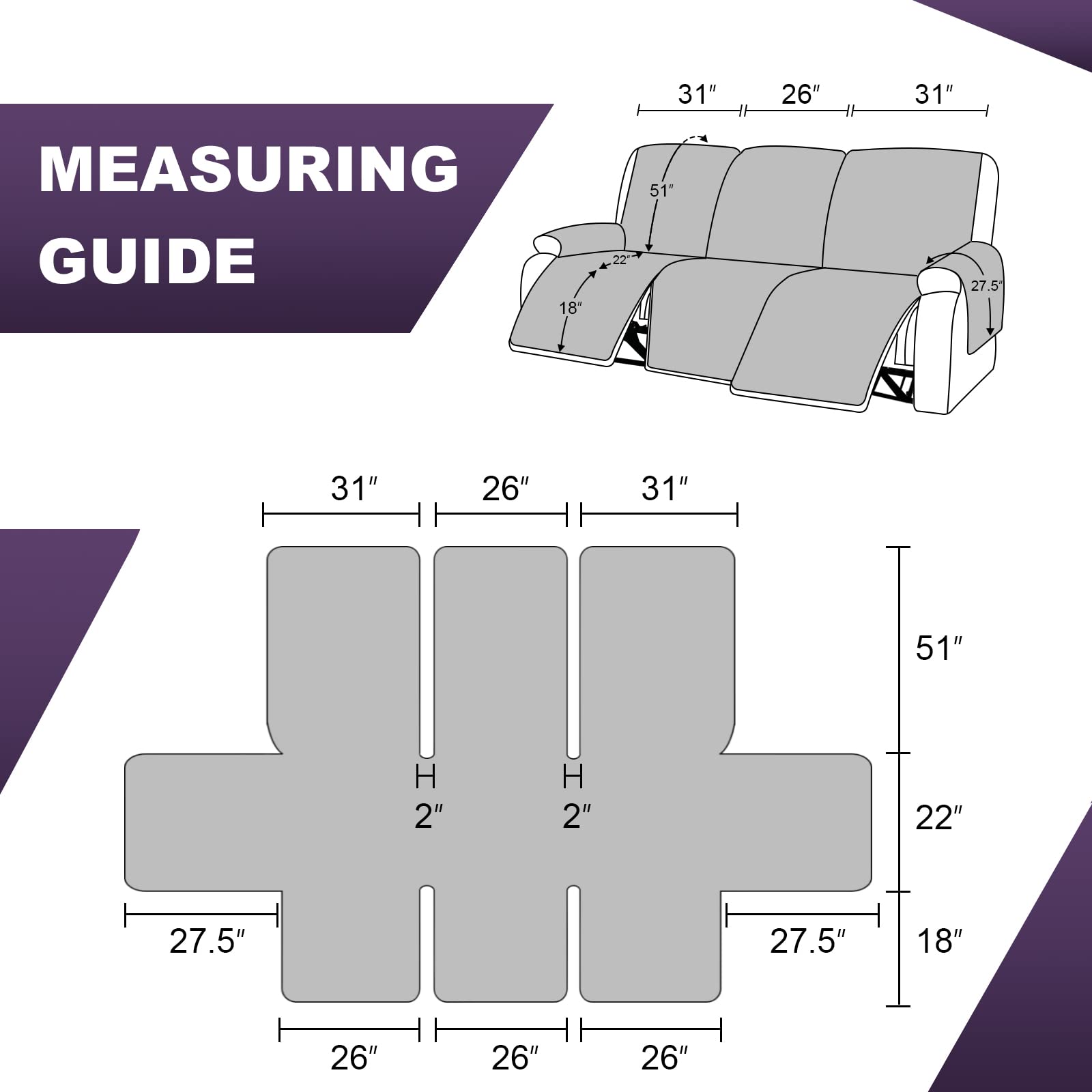 MeilleMaison Recliner Sofa Slipcover - Stretchable 3-Seater Couch Cover for Reclining Sofas, Non-Slip Washable Furniture Protector for Pets & Kids (Black/Grey) - Perfect for Living Room, Family Room & Home Theater Seating (MMCLKR03C6)