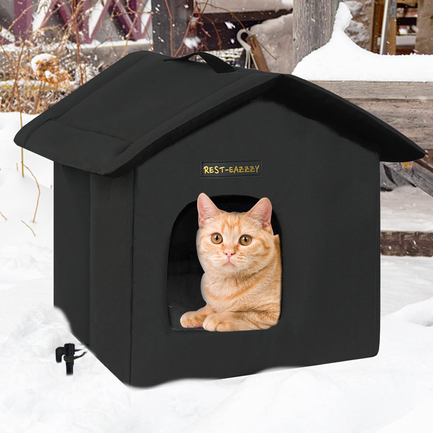 Weatherproof Insulated Outdoor Cat House - Self-Warming Winter Shelter for Feral Cats, Easy Assembly (Black, 13x13x14in) - Perfect for Backyards, Porches & Cold Weather Protection