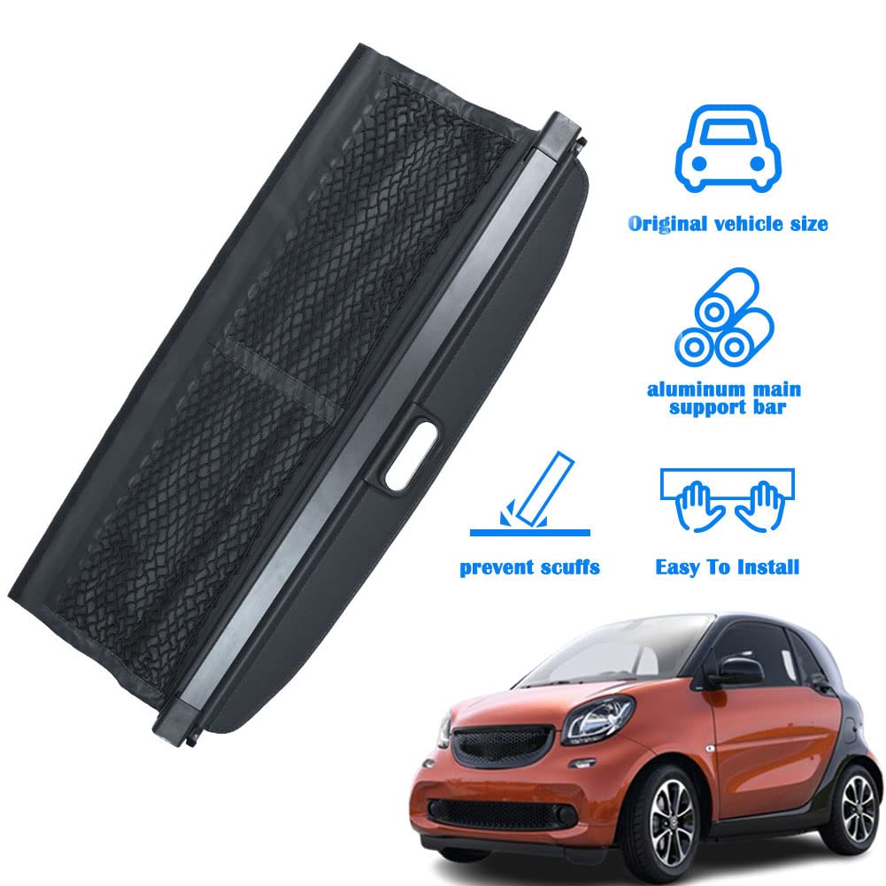 Marretoo Retractable Cargo Cover for Smart ForTwo 2016-2018 | Black Trunk Security Shield with Extra Storage Net | Perfect for Road Trips, Grocery Hauling & Vehicle Protection