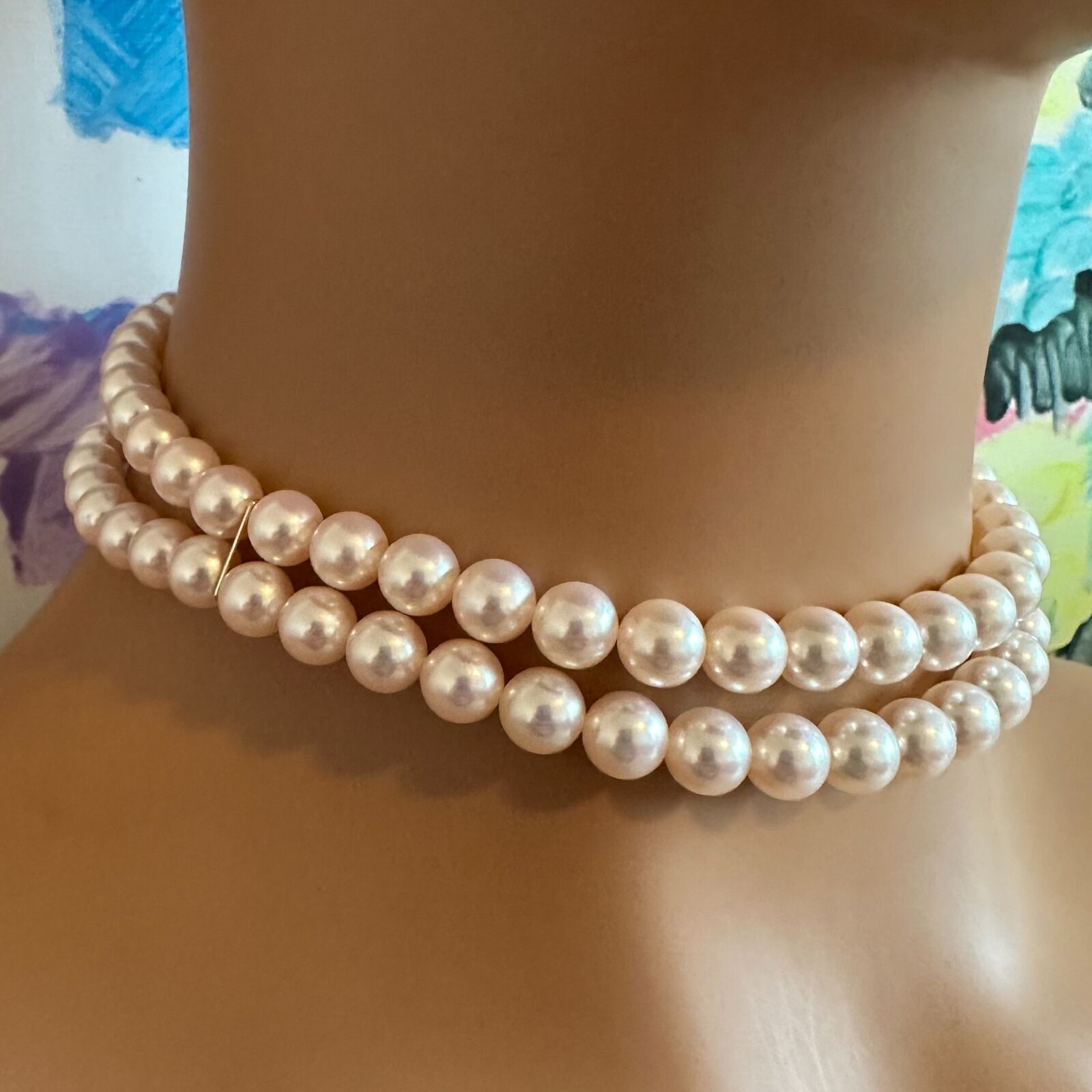 Authentic Mikimoto 18k Yellow Gold Diamond Double Strand 8mm Pearl Necklace - Elegant Jewelry for Weddings, Anniversaries & Special Occasions