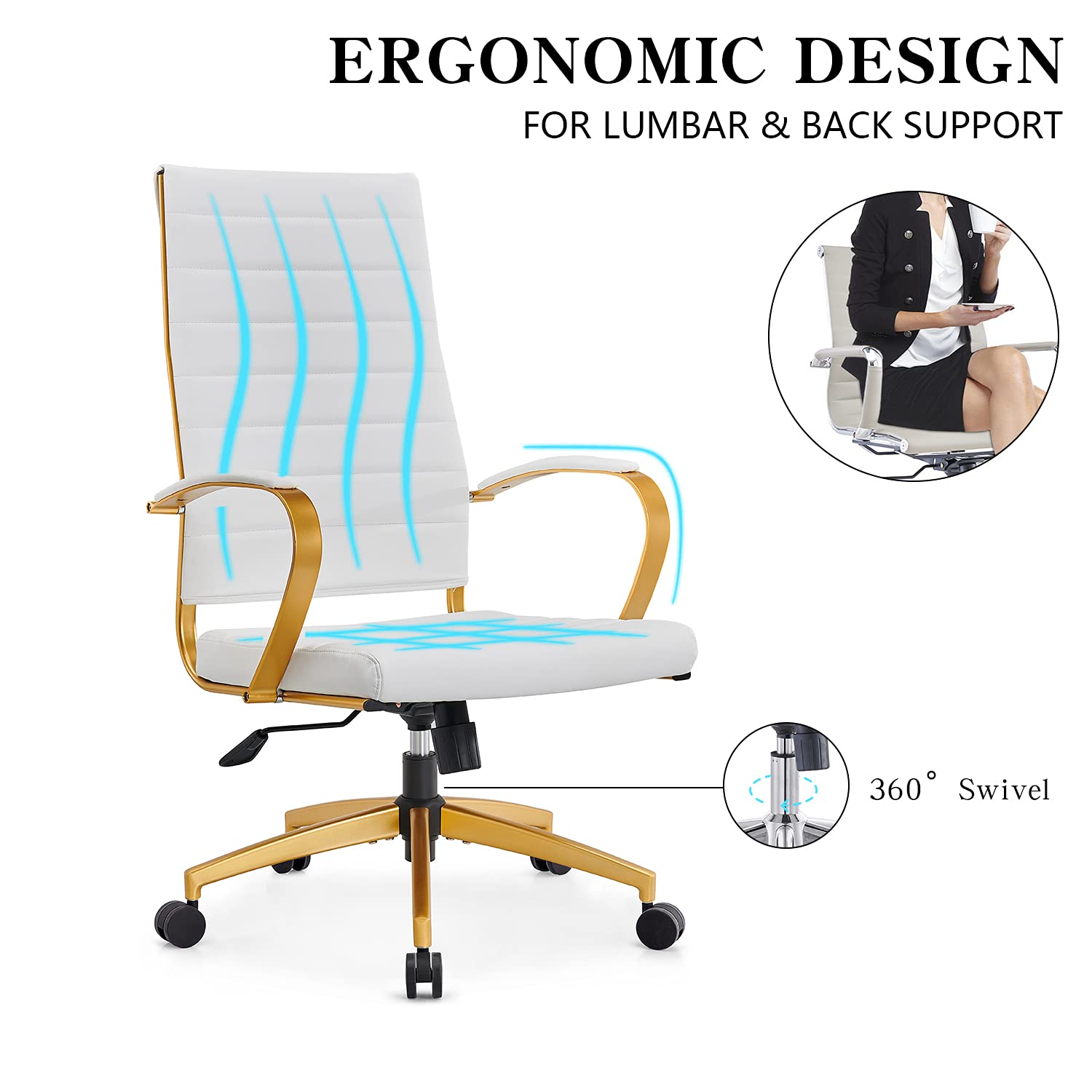 Modern Gold Ergonomic Office Chair with Wheels & Adjustable Arms - High Back Leather Executive Desk Chair for Home & Office - Comfortable Computer Chair for Long Hours (GD-White) - Perfect for Workspaces, Gaming & Conference Rooms