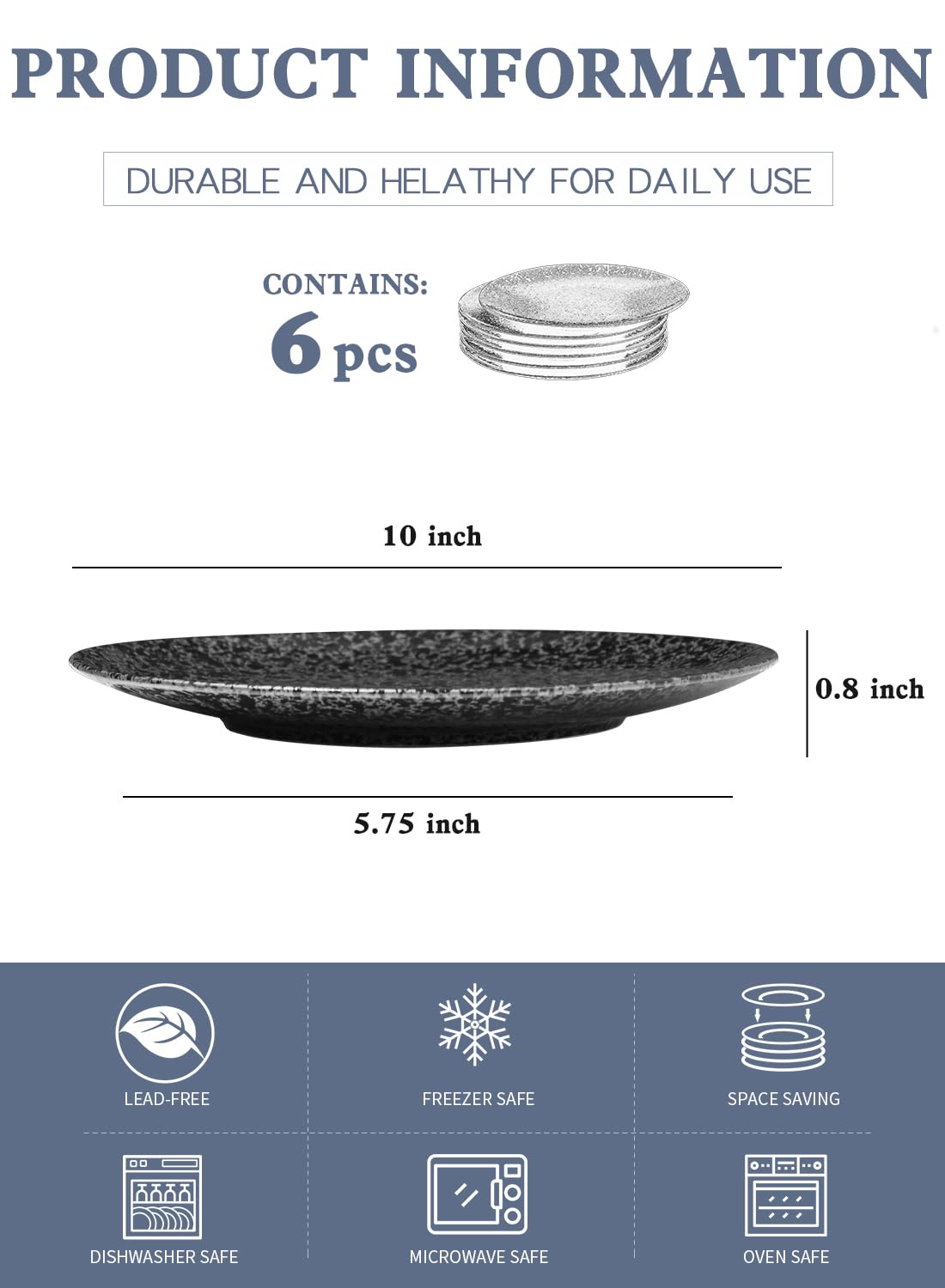 Kanwone 10 Inch Ceramic Dinner Plates Set of 6 - Round Black Glazed Plates for Steak, Pasta, Salad & Pizza | Microwave, Oven & Dishwasher Safe | Perfect for Restaurants, Dinner Parties & Everyday Dining