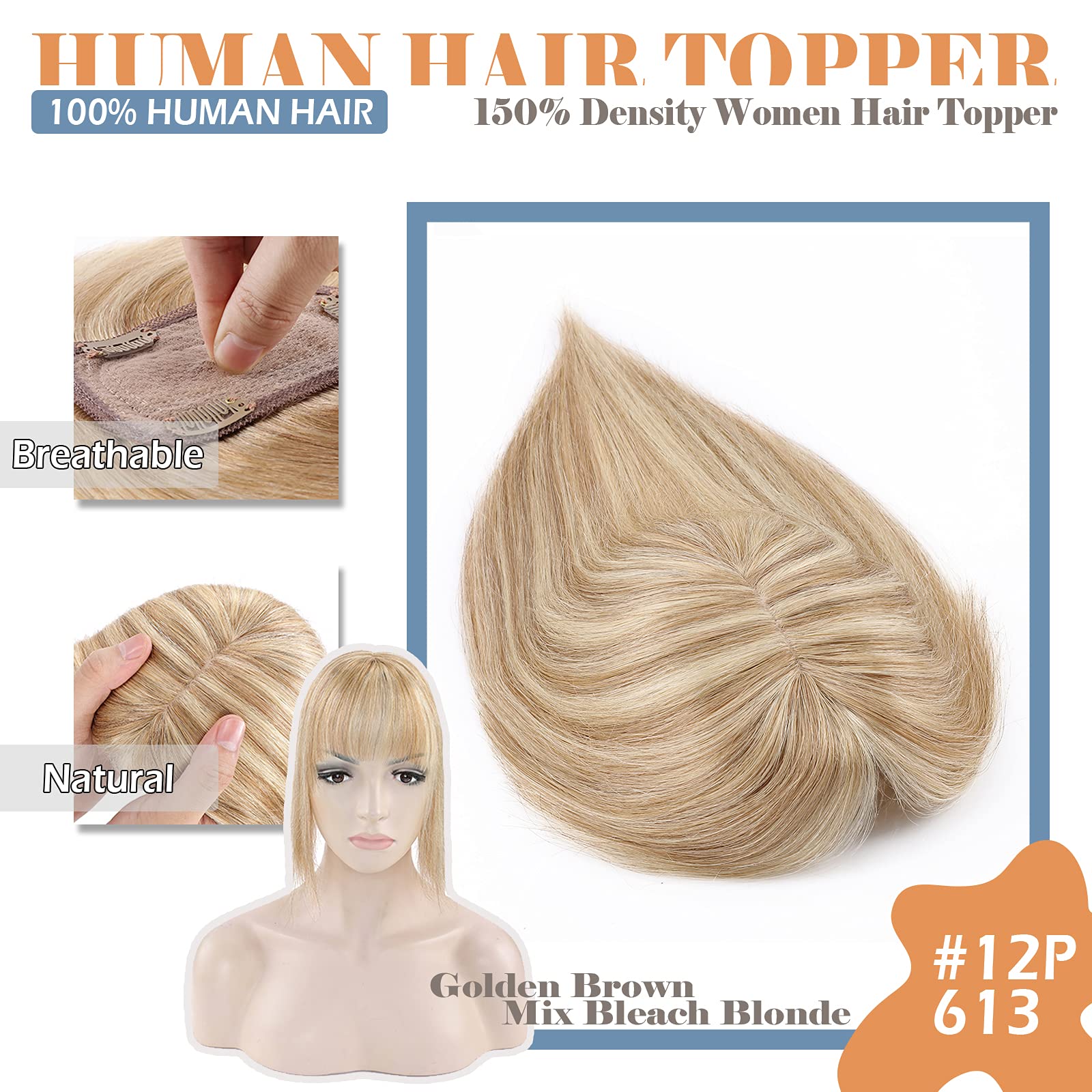 Clip In Remy Human Hair Topper with Bangs for Women - 18 Inch 53g Middle Part Hairpiece for Thinning Hair & Hair Loss - #12P613 Golden Brown Mix Bleach Blonde - Perfect for Daily Wear, Cosplay & Styling