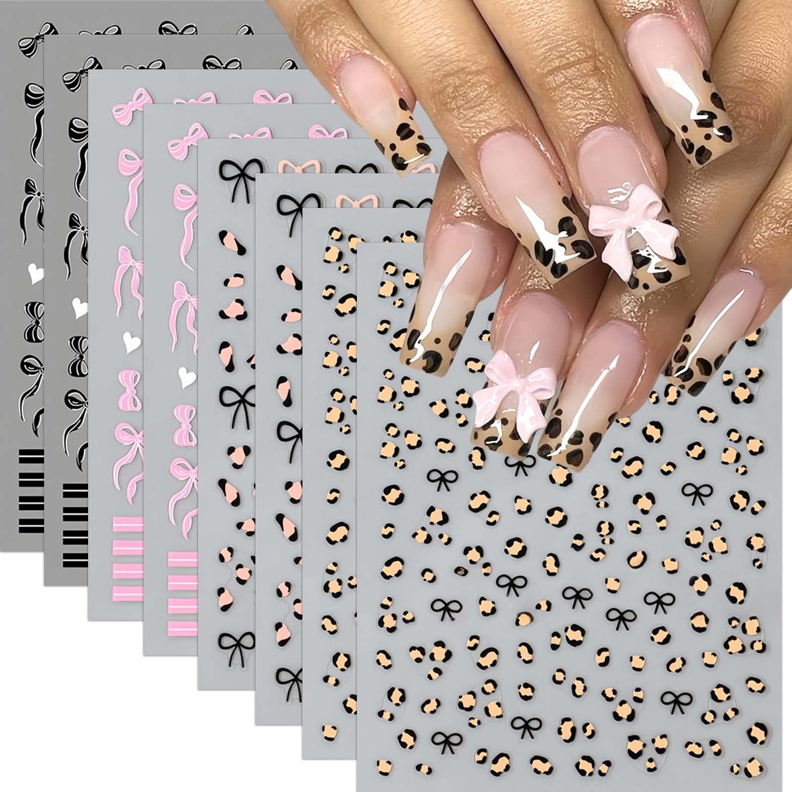 8Pcs Leopard Print Nail Art Stickers - 3D Self-Adhesive Black Pink Bow Nail Decals for Women & Girls | Cute French Line Nail Design Supplies | Perfect for Parties, Weddings & Daily Nail Decor