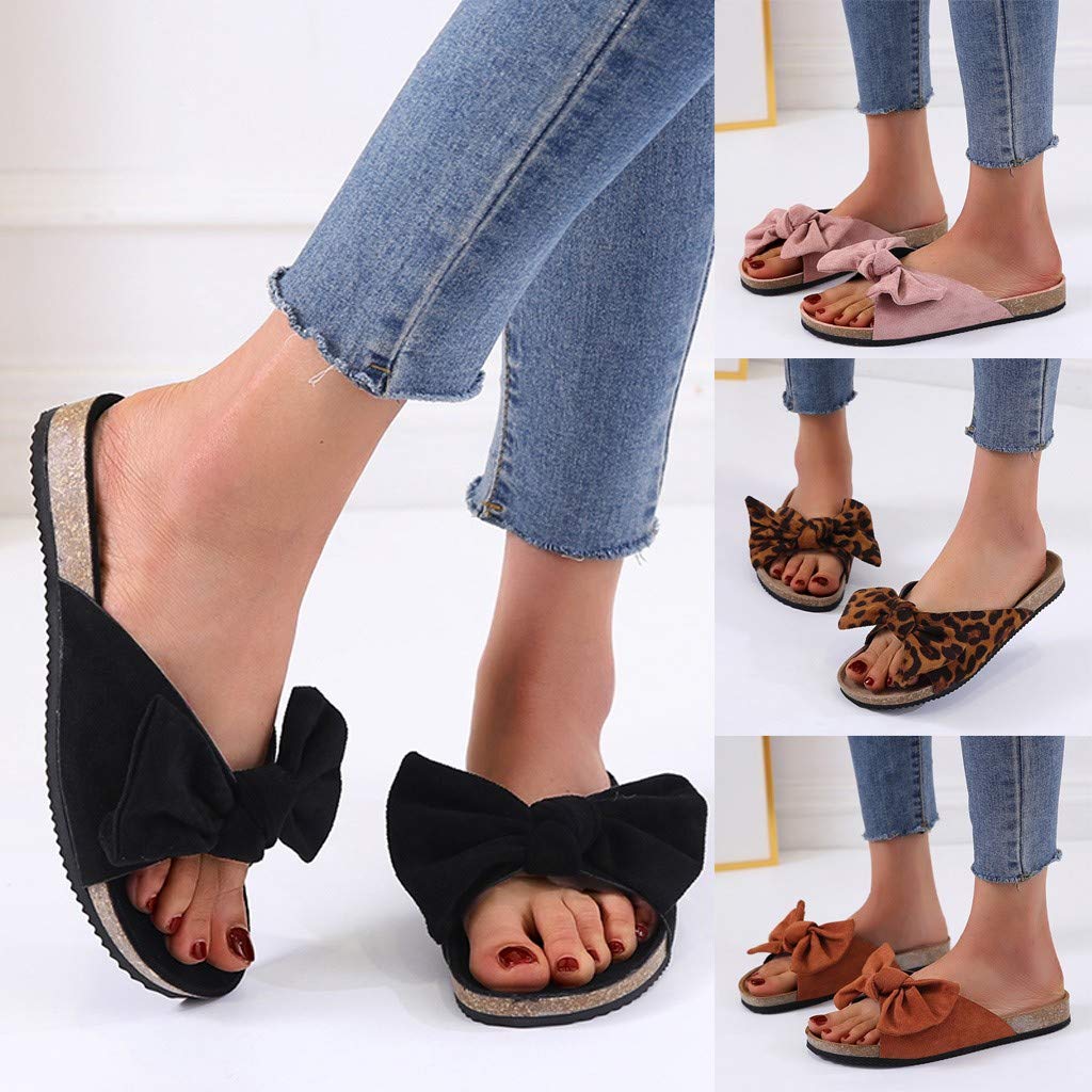 Women's Flat Slide Sandals with Cork Sole & Cute Knot Bow - Comfortable Canvas Summer Sandals for Beach, Pool, and Casual Outings
