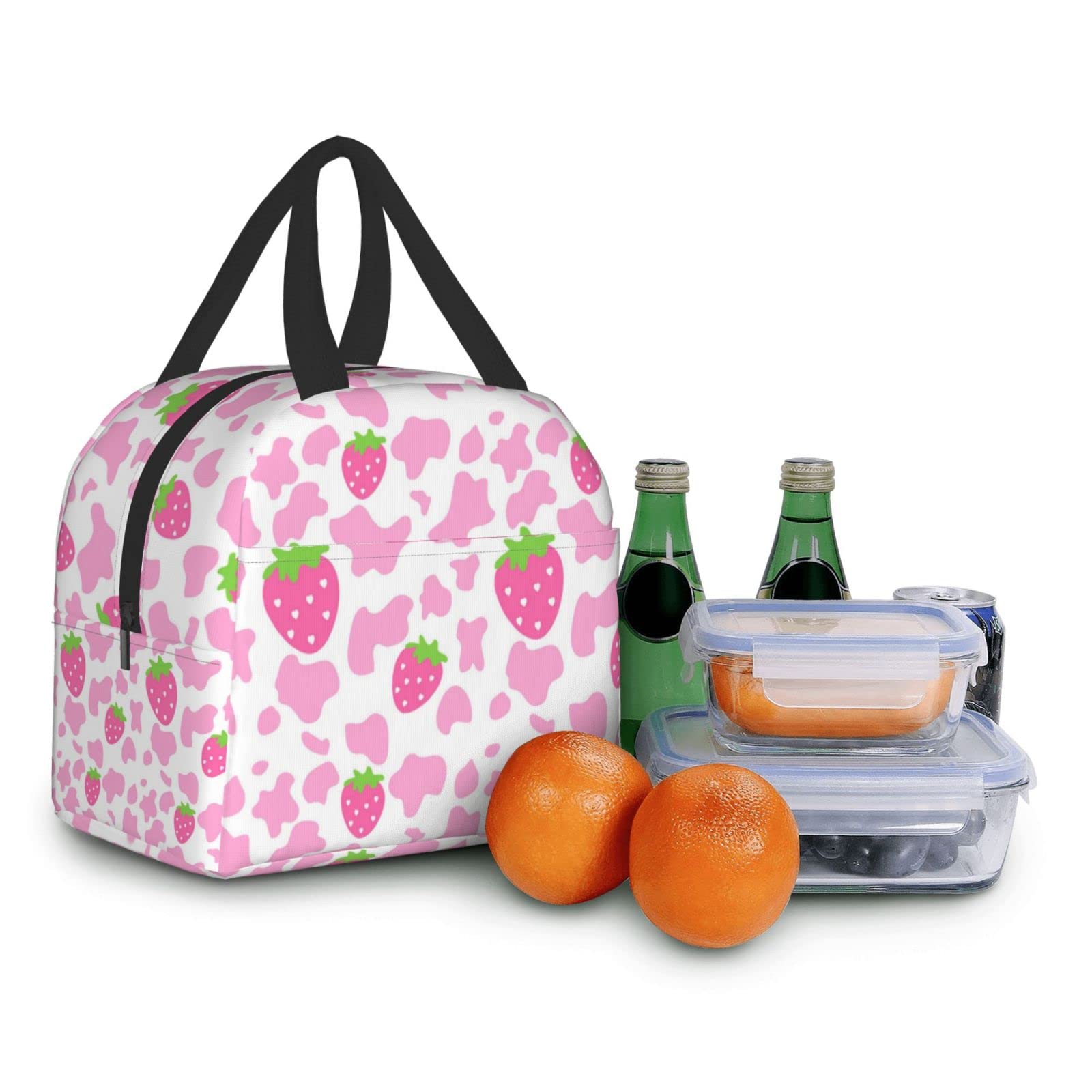 Strawberry Milk Print Insulated Lunch Box - Cute Kawaii Small Reusable Lunch Bag for Women & Men - Perfect for School, Work, Picnics & Outdoor Activities