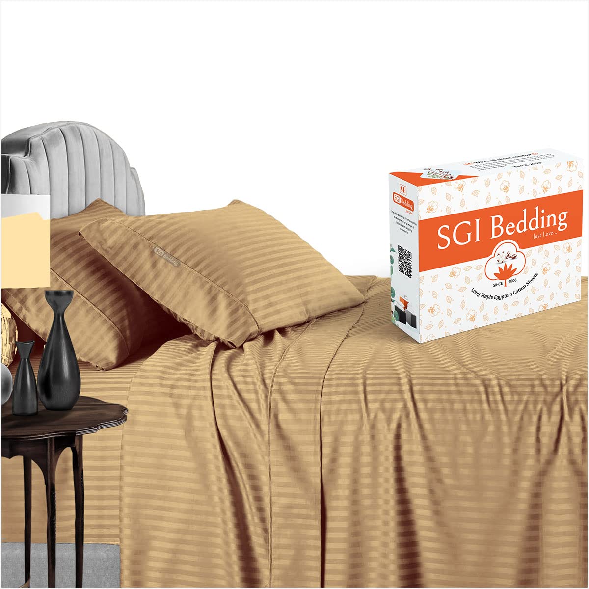 Premium 600 Thread Count 100% Egyptian Cotton Sheet Set - King Size Taupe Stripe, 15
