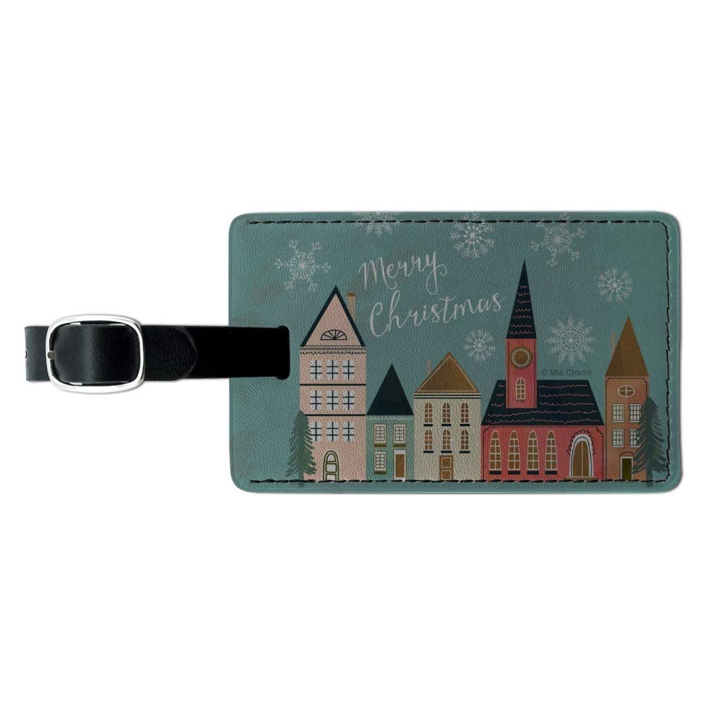 Christmas Village Rectangle Leather Luggage Tag - Durable Carry-On ID Tag for Suitcases & Travel Bags - Perfect for Holiday Travel & Gift Giving