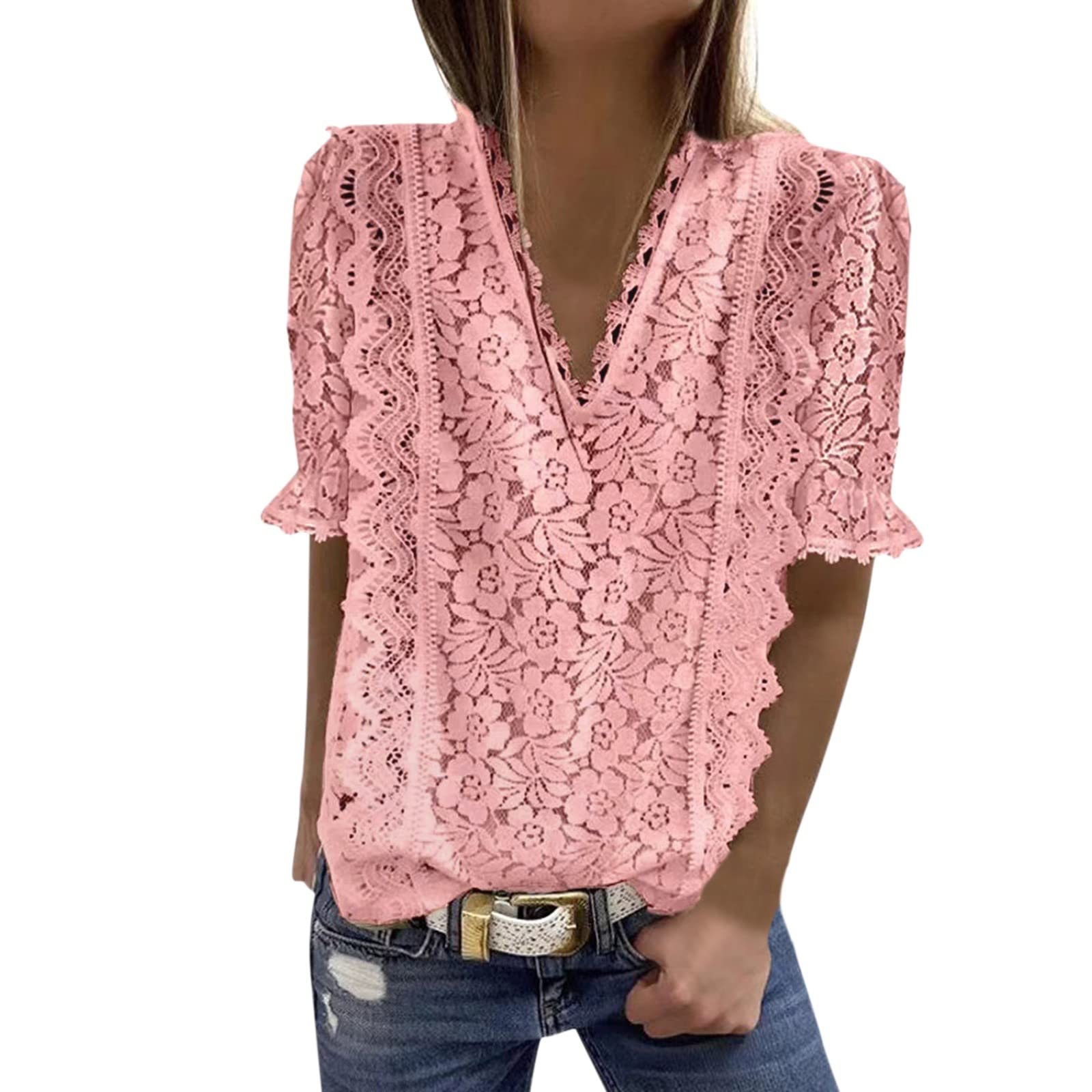 Women's Lace V-Neck Tunic Tank Top - Casual Short Sleeve Blouse for Summer | Perfect for Beach Outings, Date Nights & Office Wear