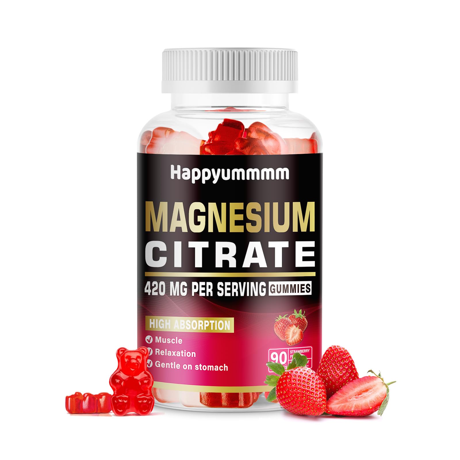 Premium Magnesium Citrate Gummies 420mg per Serving - 90 Vegan Strawberry Gummies for Relaxation, Muscle Recovery & Bone Health - Natural Energy Support Supplement - Perfect for Stress Relief, Workout Recovery & Better Sleep