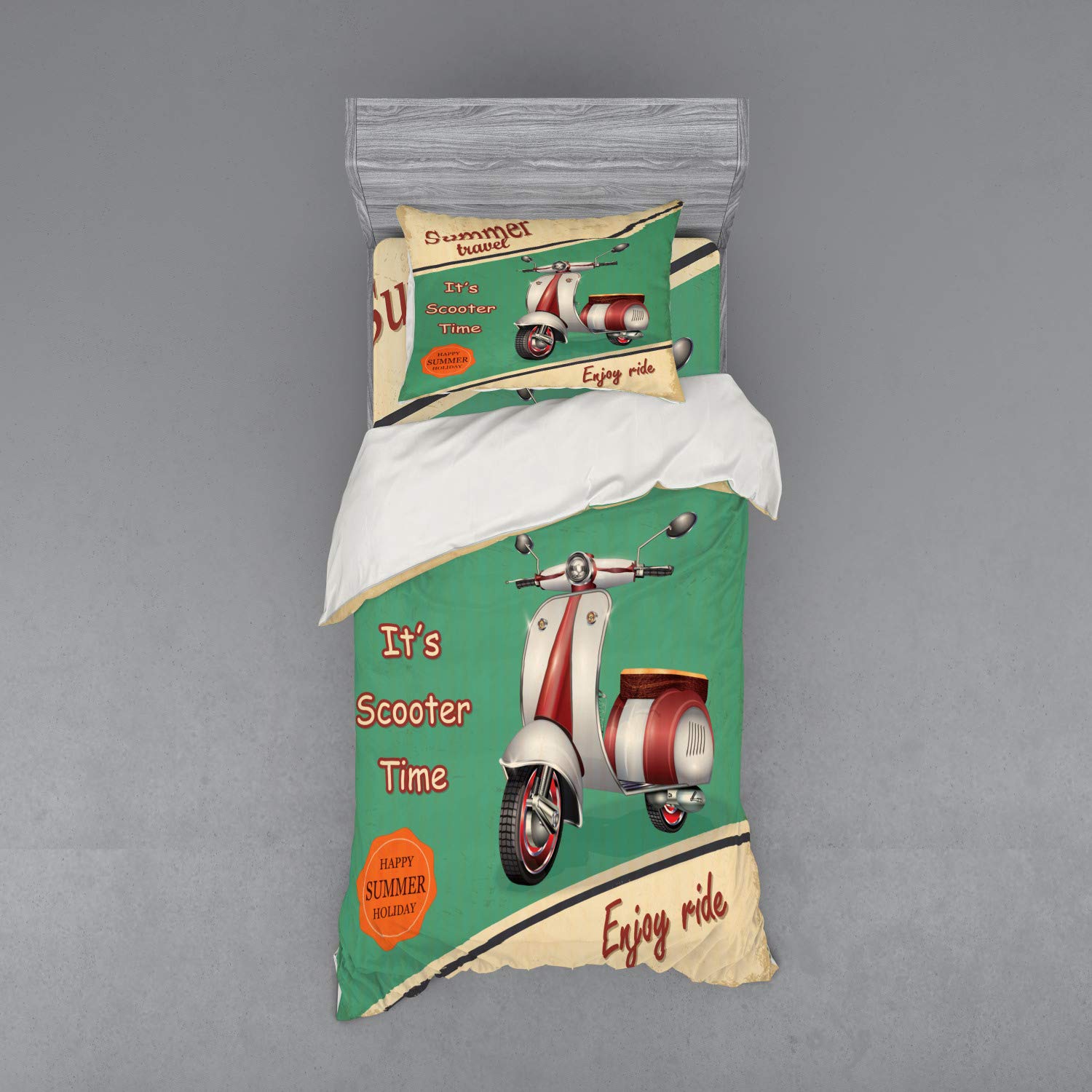Vintage Scooter Motorbike Bedding Set - 3 Piece Duvet Cover with Sham & Fitted Sheet, Twin Size, Multicolor - Italian City Travel Theme for Hipster Bedroom Decor | Perfect for Teen Rooms, Guest Bedrooms & Retro Themed Spaces