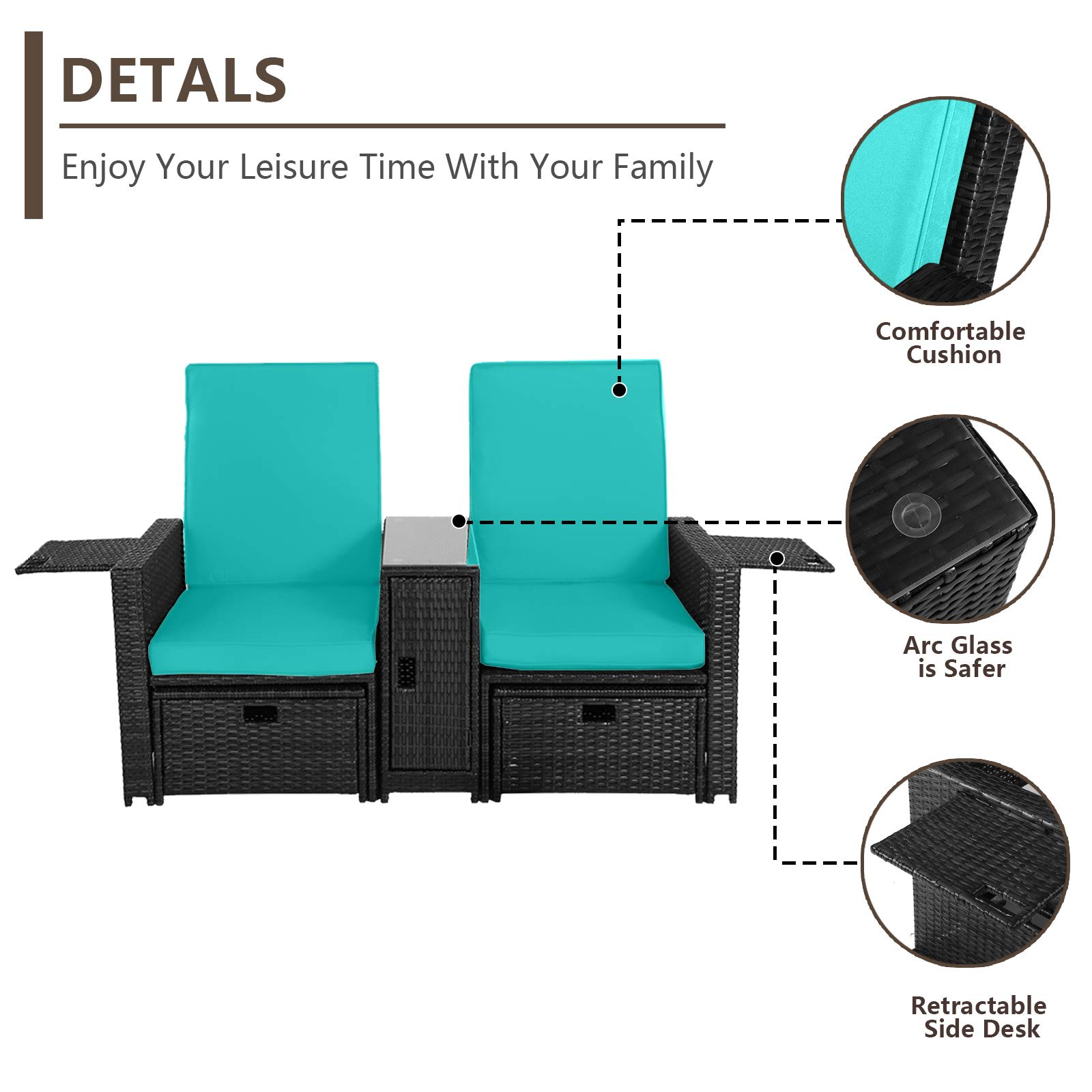 5PCS Outdoor PE Rattan Patio Furniture Set - Adjustable Backrest Loveseat Sofa, Coffee Table & Ottoman - Perfect for Garden, Beach, Poolside, Balcony, Backyard & Deck - Weather-Resistant Wicker Lounge Set for Relaxing Outdoors
